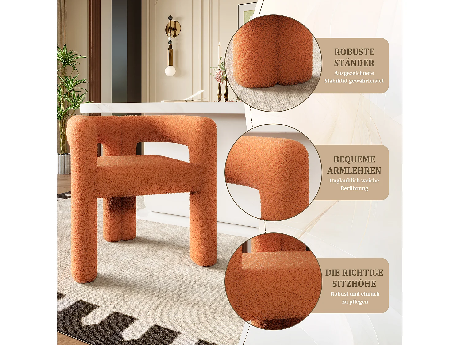 Fauteuil ergonomique en velours - 55 x 62 x 68.5 cm - fauteuil moderne et polyvalent - velours - orange