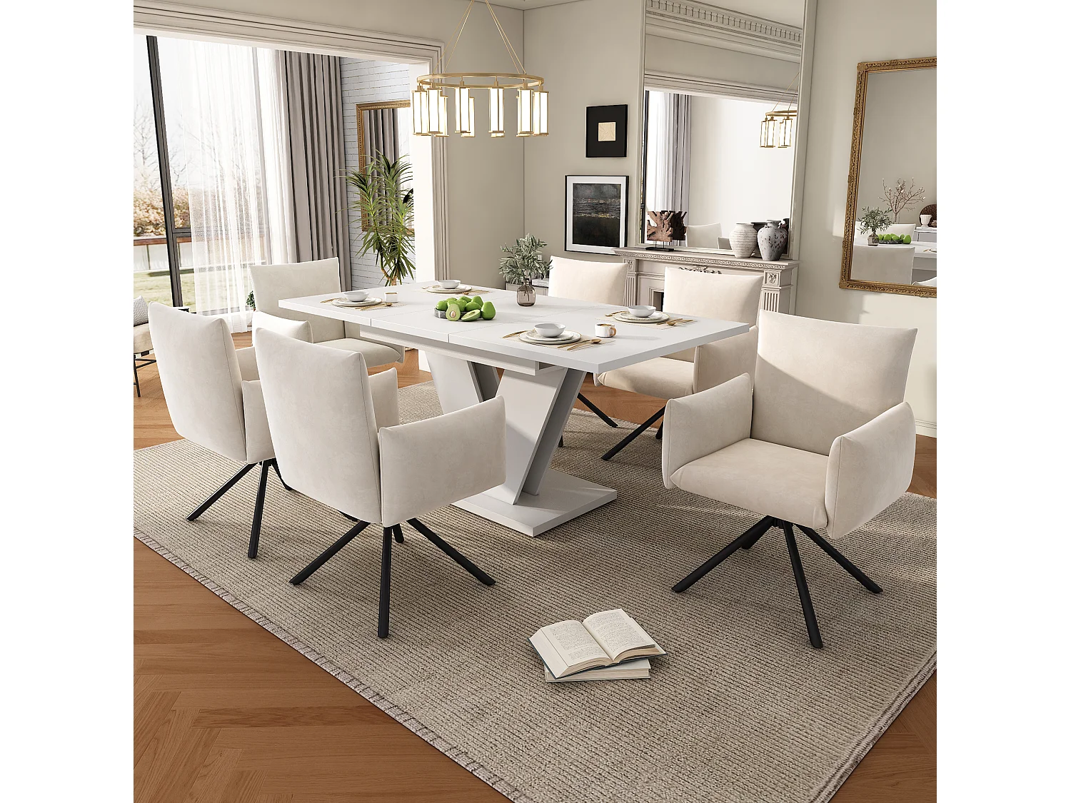 Tavolo da pranzo allungabile e set di 6 sedie - 120/160 * 80 x 75,5 cm - sedia in lino - MDF - bianco