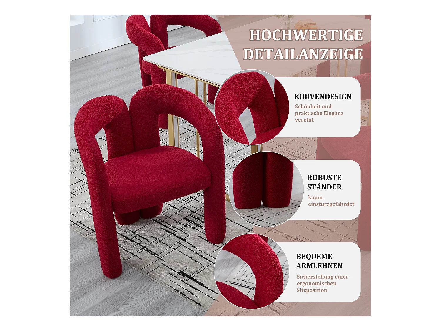 Lot de 2 fauteuils ergonomiques avec velours - 61 x 52 x 71 cm - pour le salon ou le bureau - velours - rouge