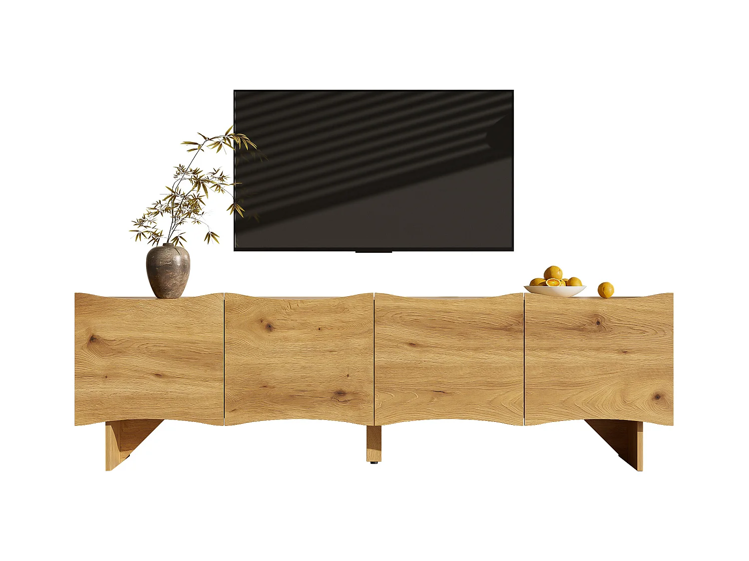 Meuble TV moderne avec motif ondulé - 155 x 36 x 47 cm - avec 4 portes - aggloméré - naturel