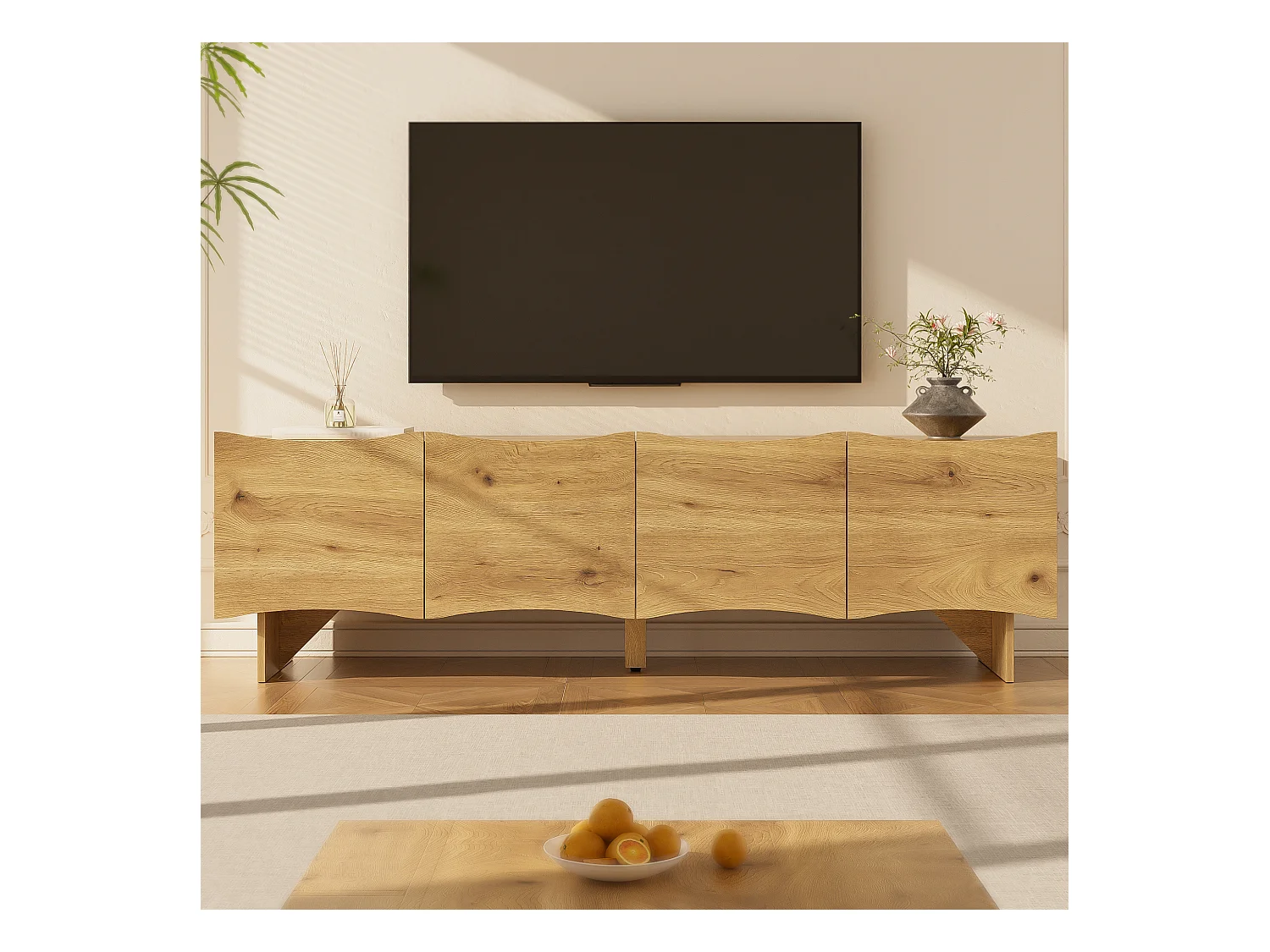 Meuble TV moderne avec motif ondulé - 155 x 36 x 47 cm - avec 4 portes - aggloméré - naturel