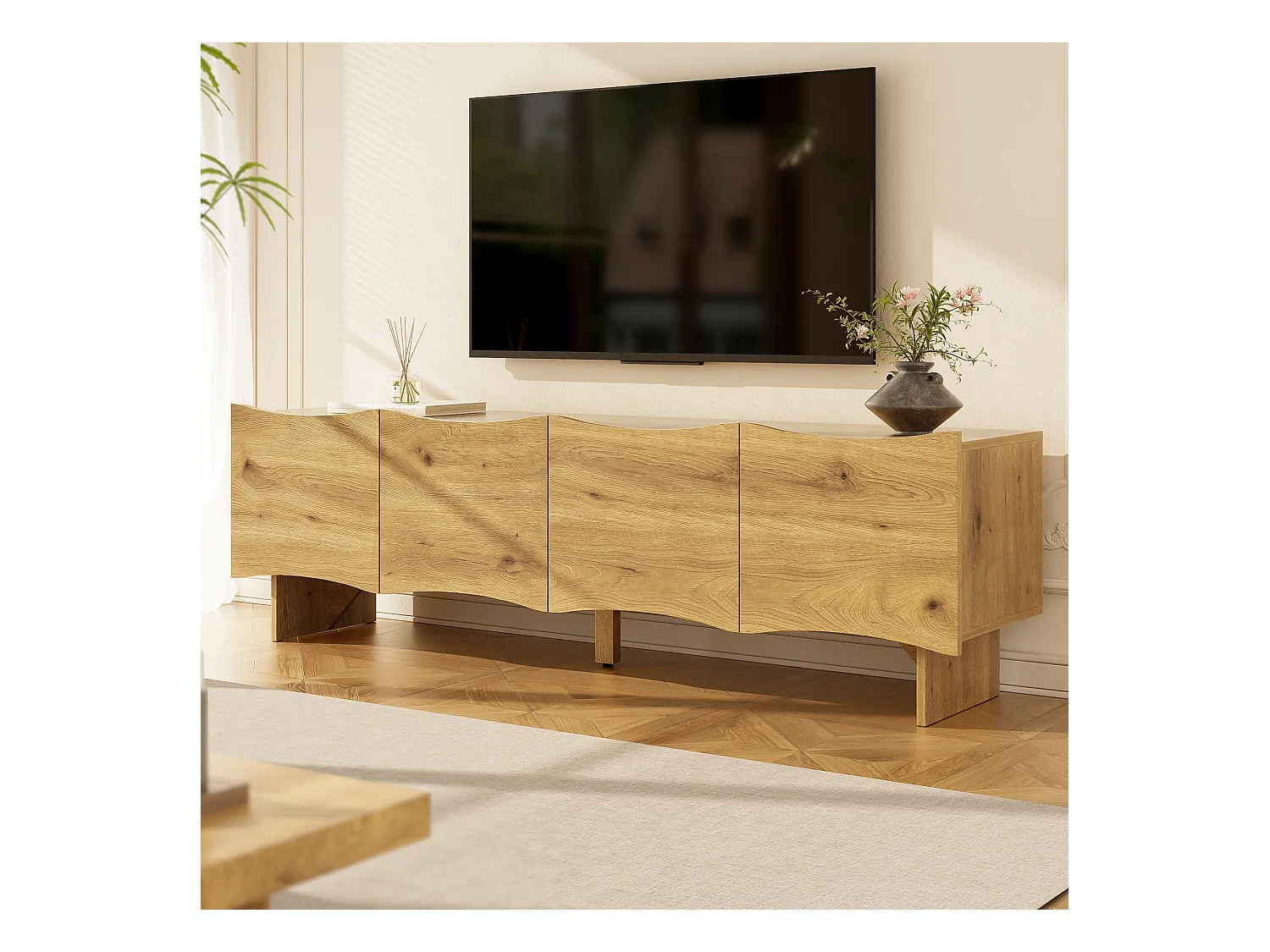 Meuble TV moderne avec motif ondulé - 155 x 36 x 47 cm - avec 4 portes - aggloméré - naturel