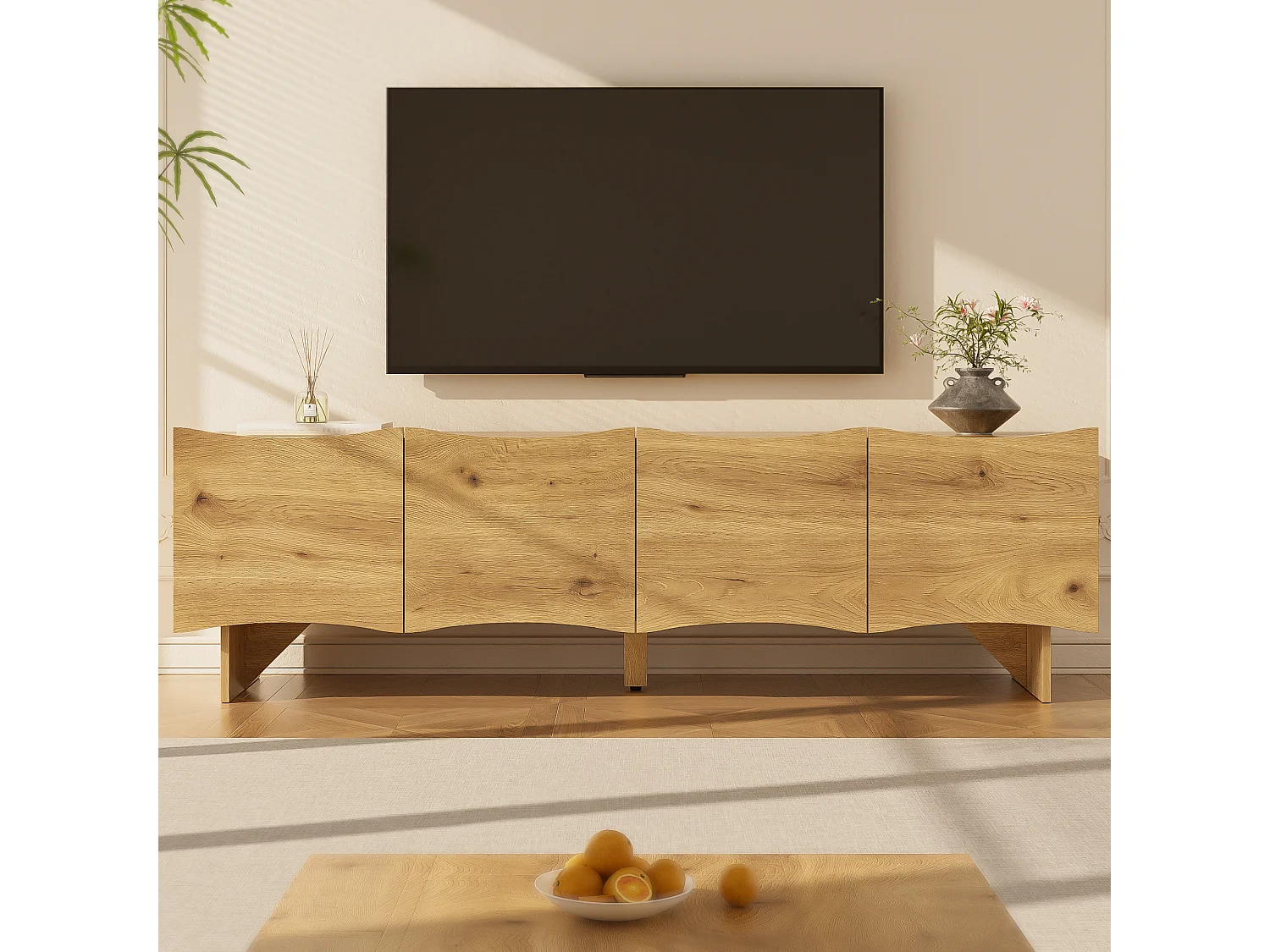 Meuble TV moderne avec motif ondulé - 155 x 36 x 47 cm - avec 4 portes - aggloméré - naturel