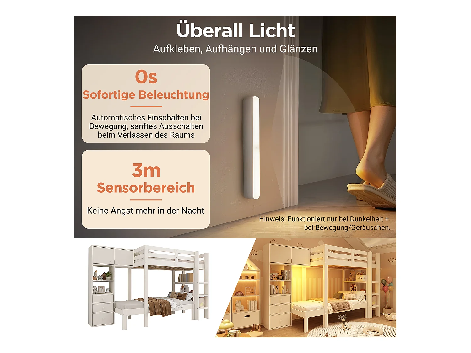 Kinderstapelbed - 90 x 200 cm - met nachtlampje + kledingkast + plank + 3 lades - hout + metaal - wit