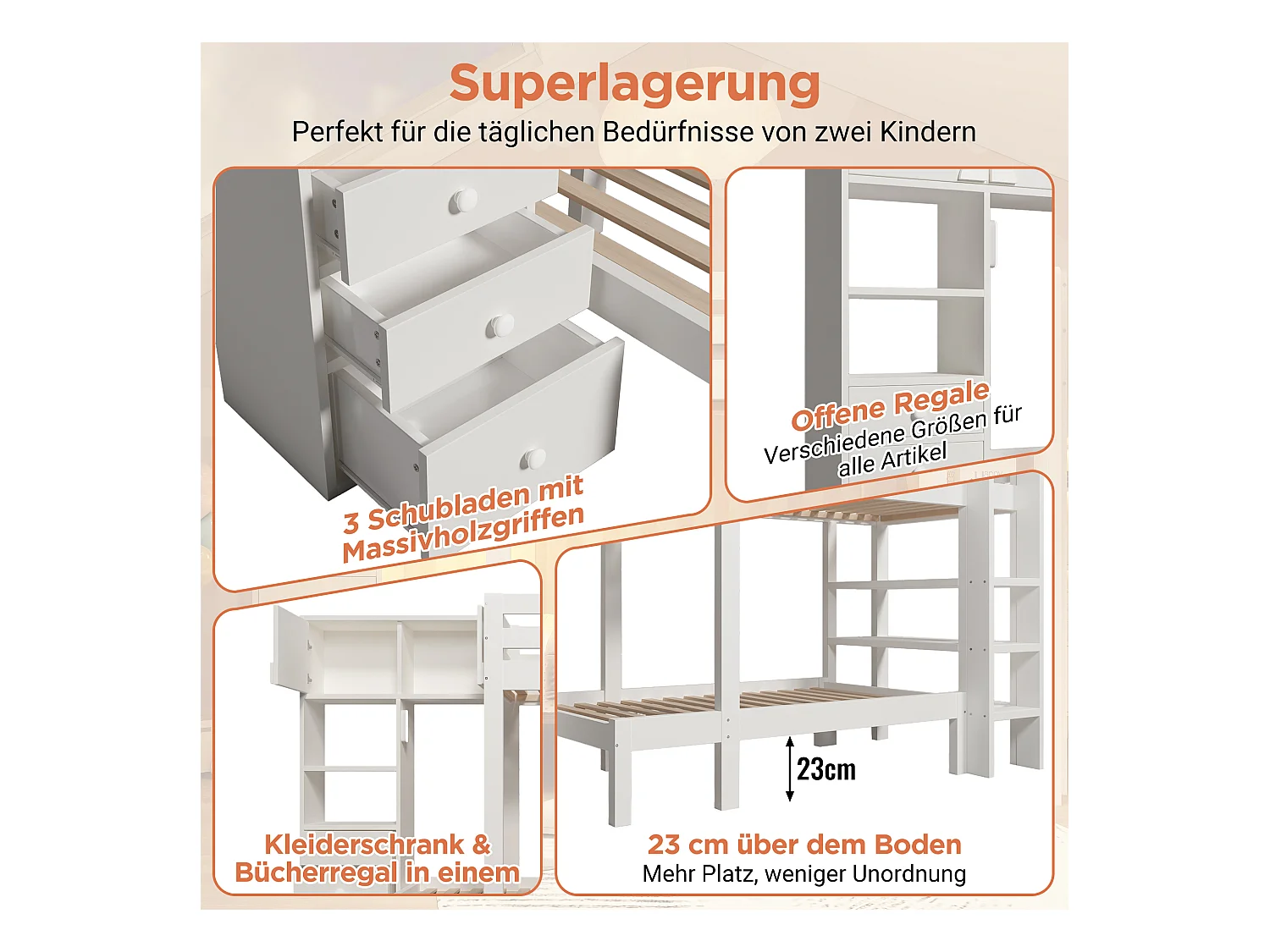 Kinderstapelbed - 90 x 200 cm - met nachtlampje + kledingkast + plank + 3 lades - hout + metaal - wit
