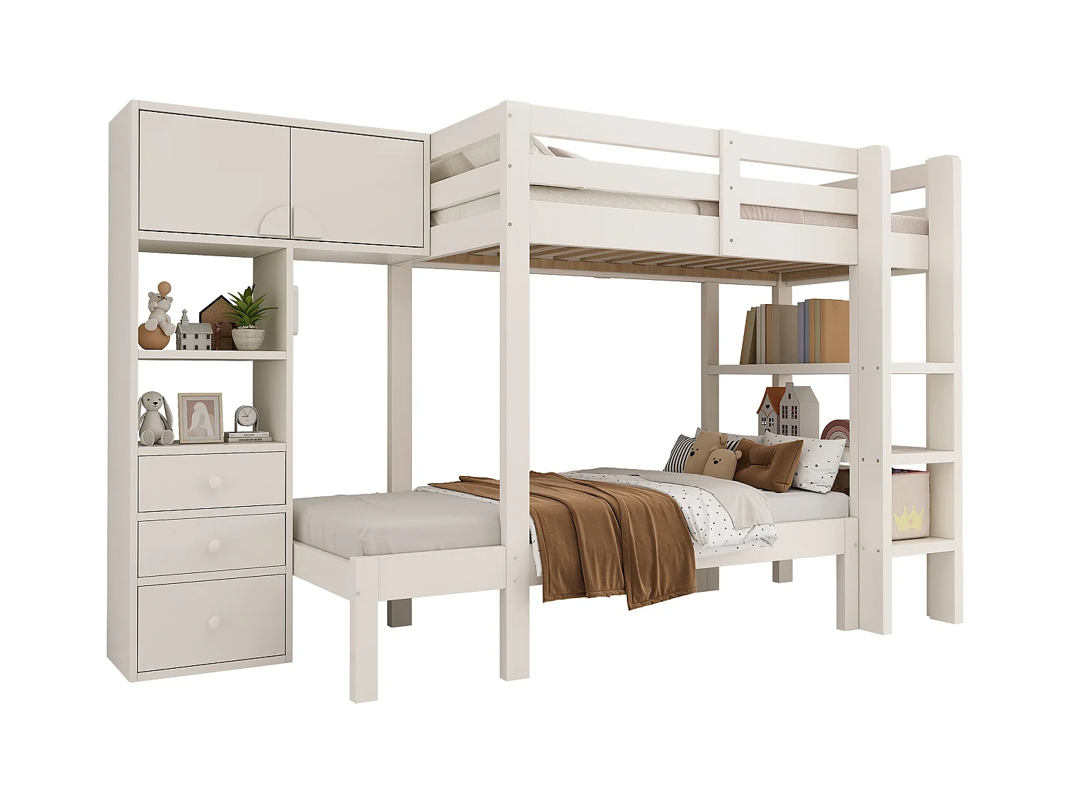 Kinderstapelbed - 90 x 200 cm - met nachtlampje + kledingkast + plank + 3 lades - hout + metaal - wit