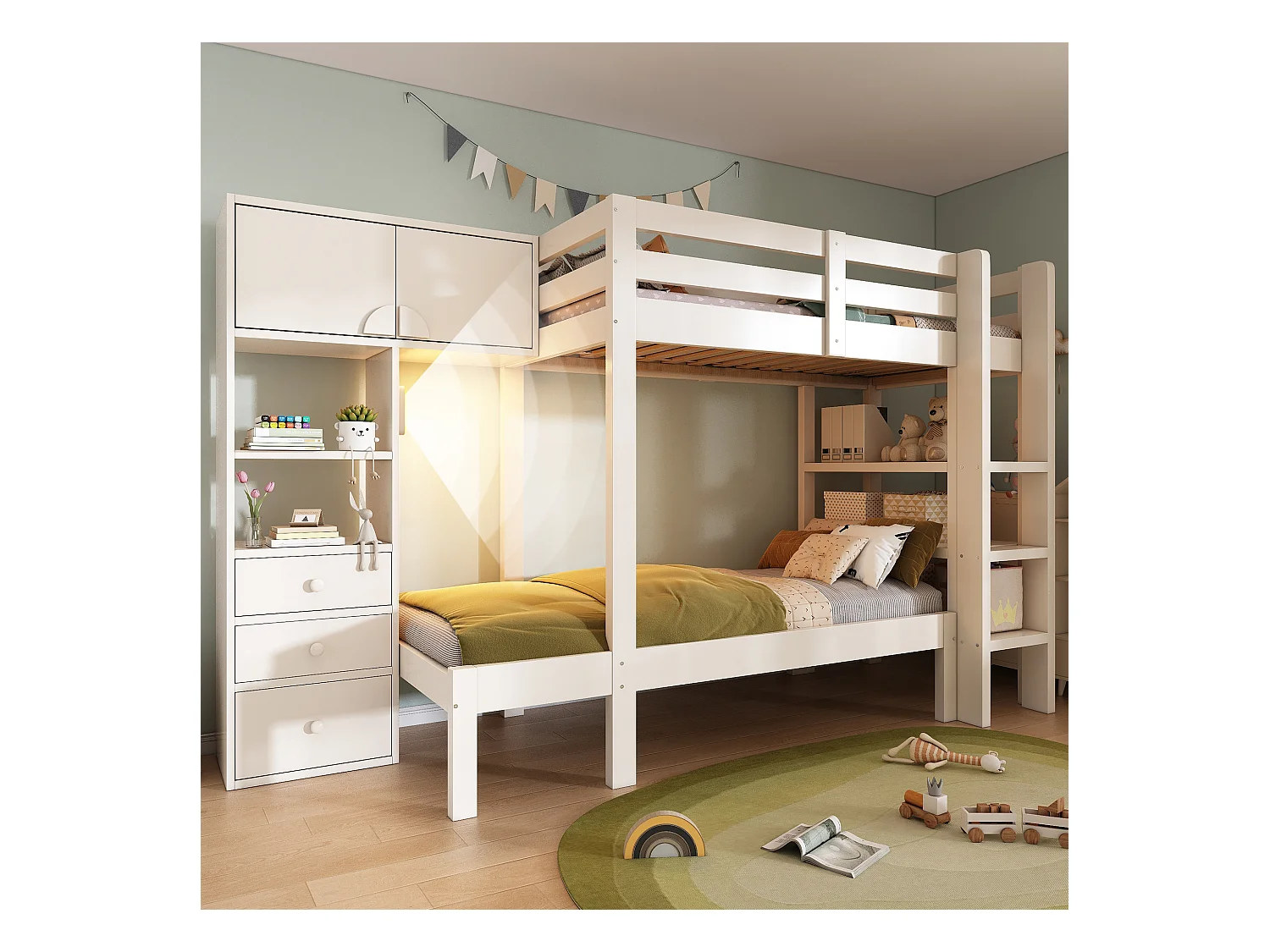 Kinderstapelbed - 90 x 200 cm - met nachtlampje + kledingkast + plank + 3 lades - hout + metaal - wit