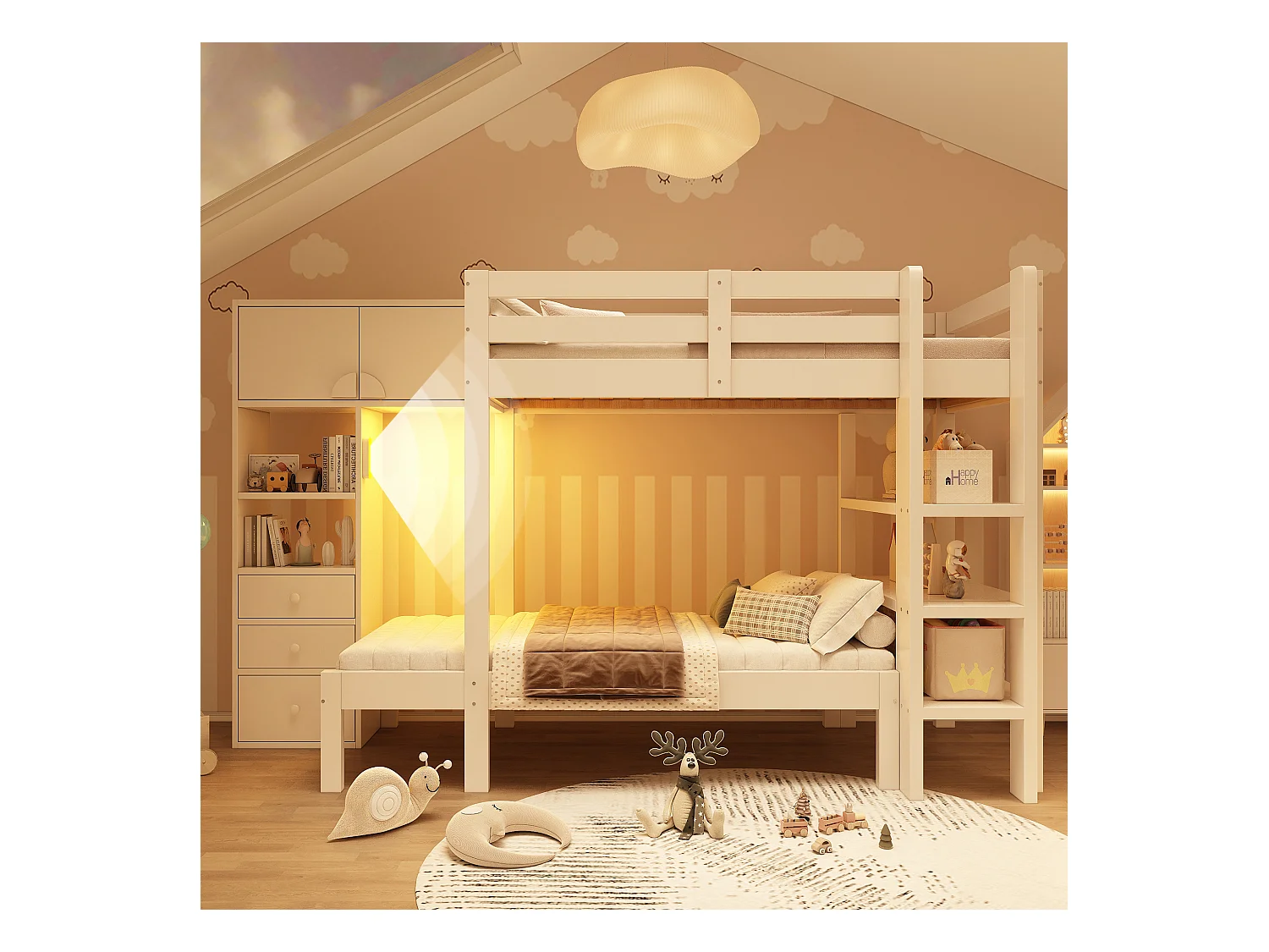 Kinderstapelbed - 90 x 200 cm - met nachtlampje + kledingkast + plank + 3 lades - hout + metaal - wit