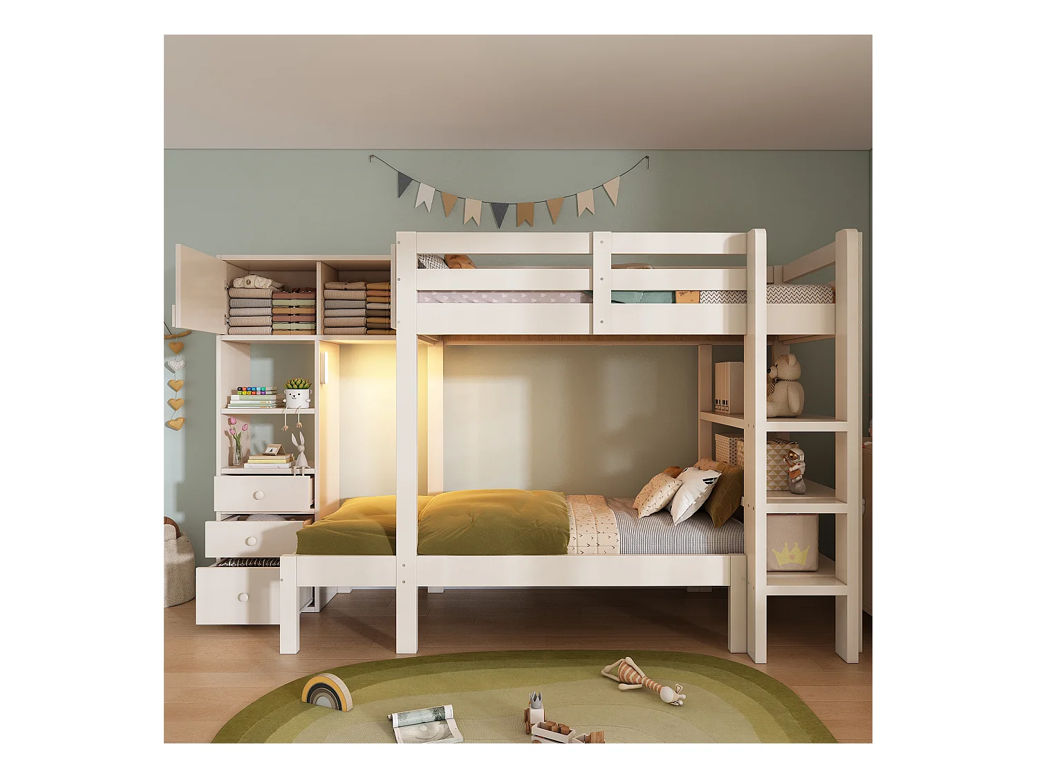 Kinderstapelbed - 90 x 200 cm - met nachtlampje + kledingkast + plank + 3 lades - hout + metaal - wit