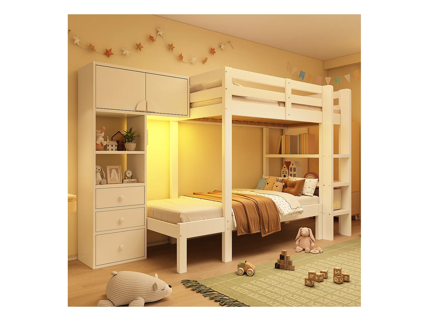 Kinderstapelbed - 90 x 200 cm - met nachtlampje + kledingkast + plank + 3 lades - hout + metaal - wit