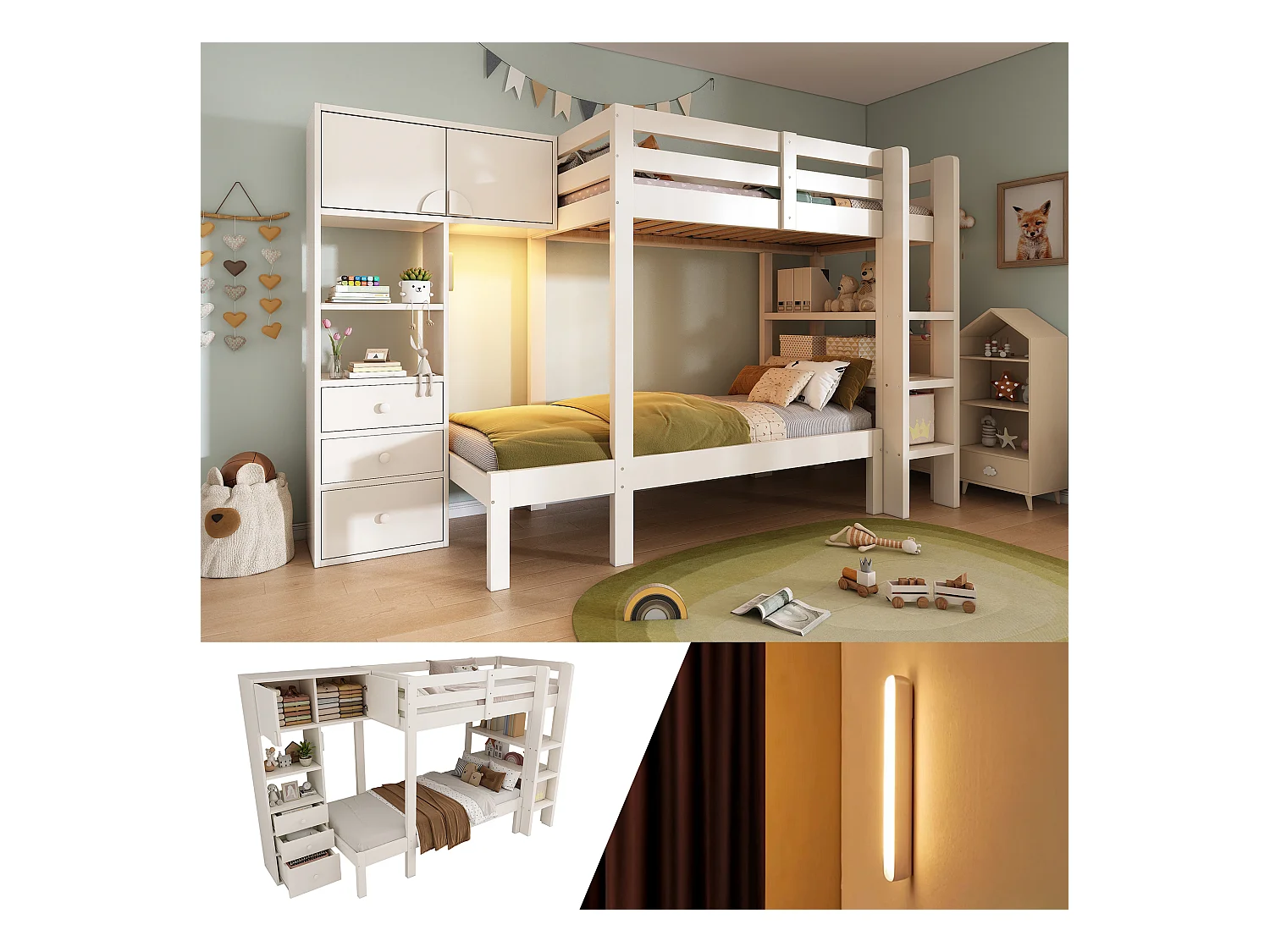 Lit superposés enfant - 90 x 200 cm - avec veilleuse + penderie + étagère + 3 tiroir - bois + Métal - blanc