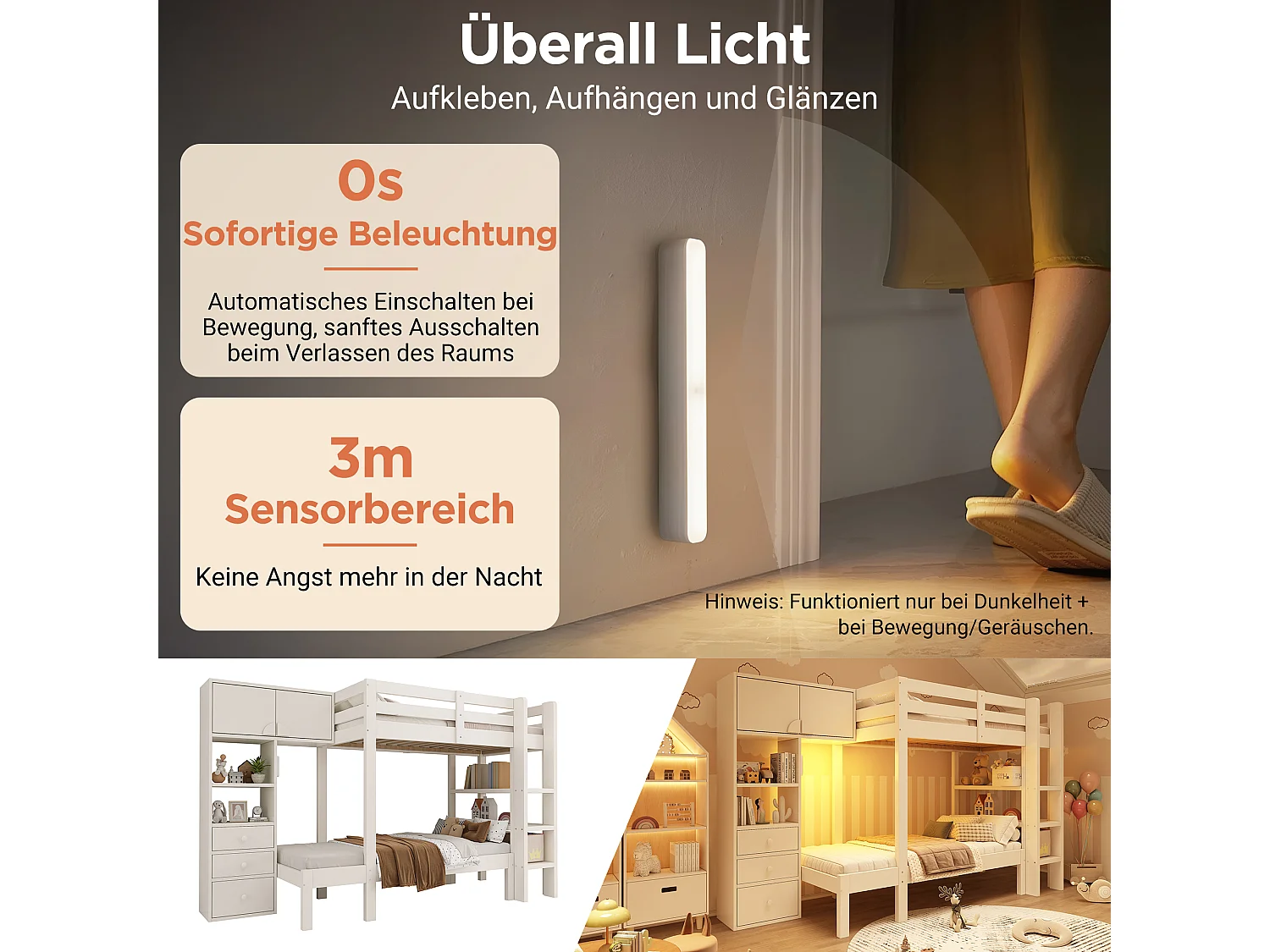 Lit superposés enfant - 90 x 200 cm - avec veilleuse + penderie + étagère + 3 tiroir - bois + Métal - blanc