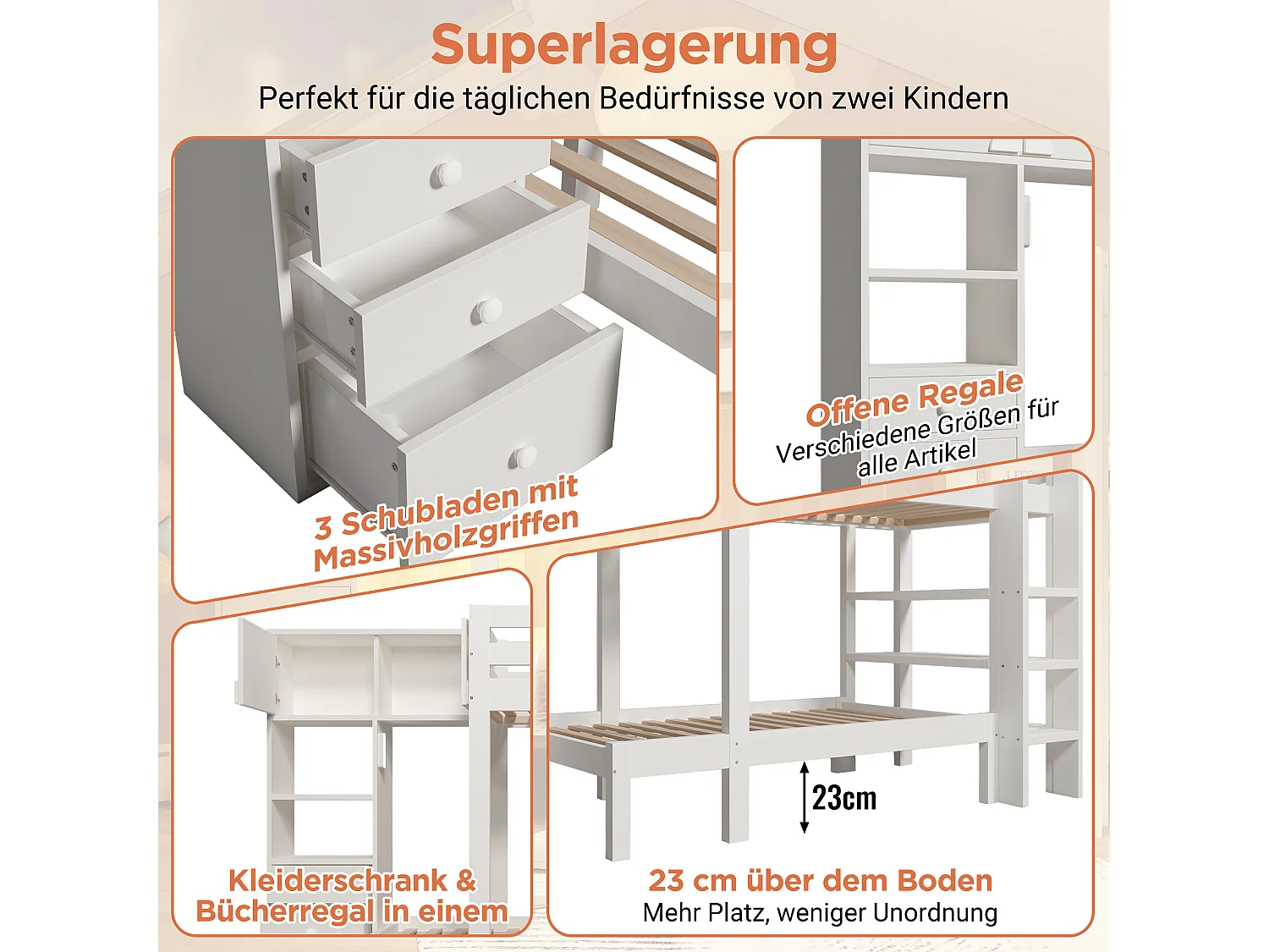 Lit superposés enfant - 90 x 200 cm - avec veilleuse + penderie + étagère + 3 tiroir - bois + Métal - blanc