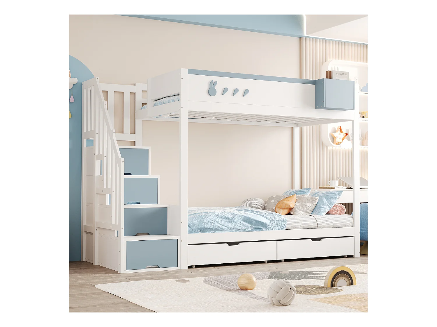 Łóżko piętrowe dla dzieci - 2 x 90 x 200 cm - z drabinką + 2 szuflady - drewno - biały + niebieski