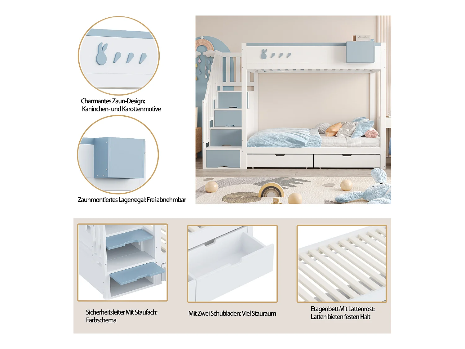 Łóżko piętrowe dla dzieci - 2 x 90 x 200 cm - z drabinką + 2 szuflady - drewno - biały + niebieski