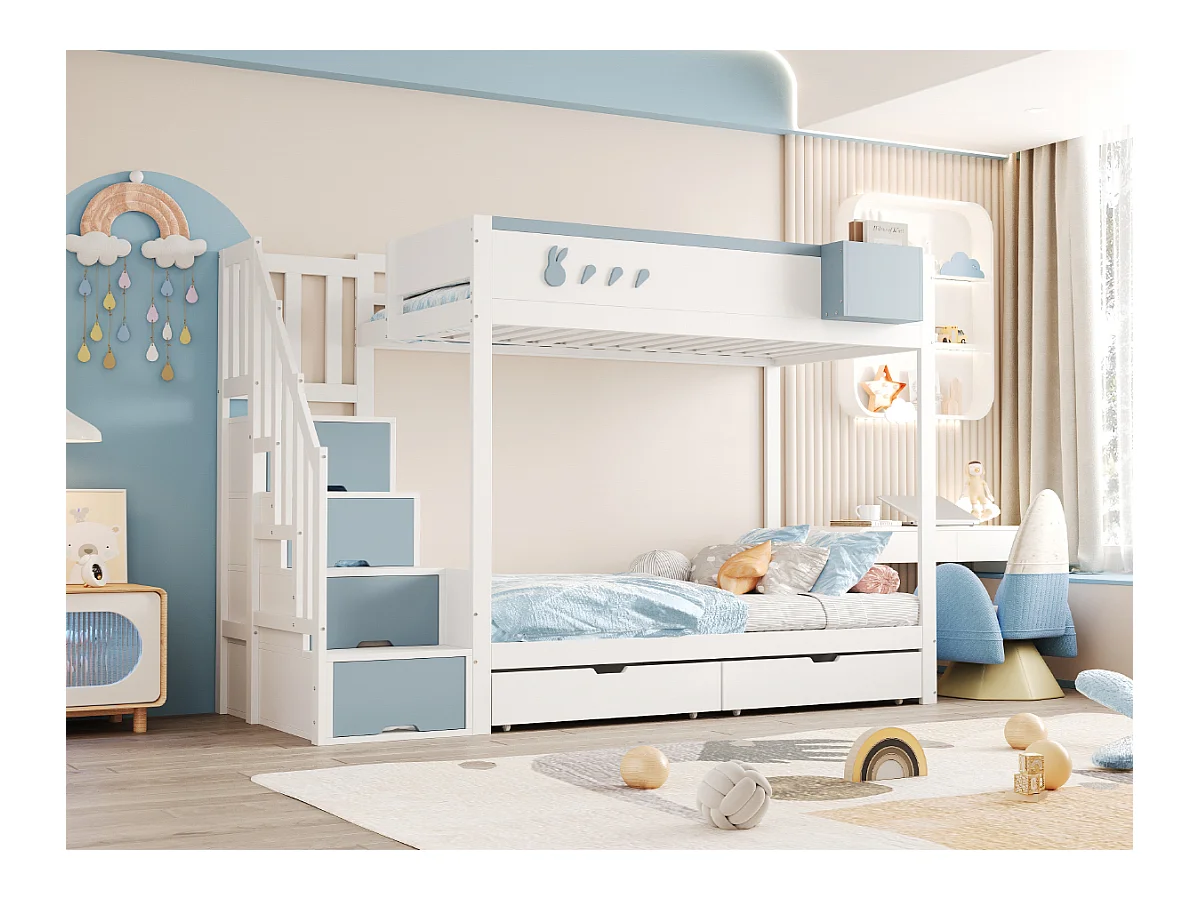 Łóżko piętrowe dla dzieci - 2 x 90 x 200 cm - z drabinką + 2 szuflady - drewno - biały + niebieski