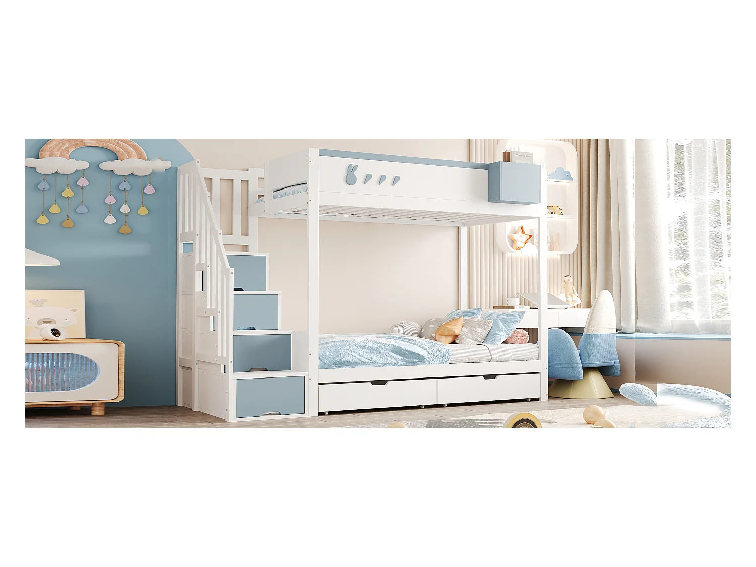 Łóżko piętrowe dla dzieci - 2 x 90 x 200 cm - z drabinką + 2 szuflady - drewno - biały + niebieski