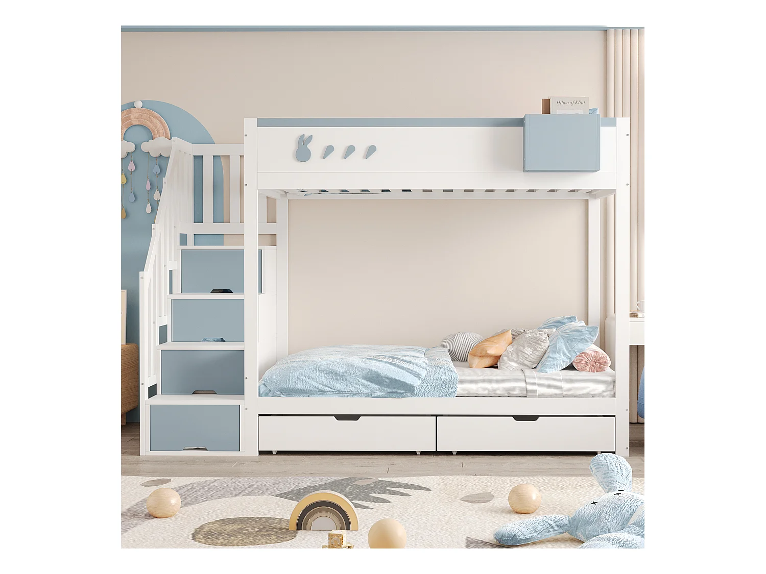 Kinder-Etagenbett - 2 x 90 x 200 cm - mit Stauraumleiter + 2 Schubladen - Holz - weiß + blau