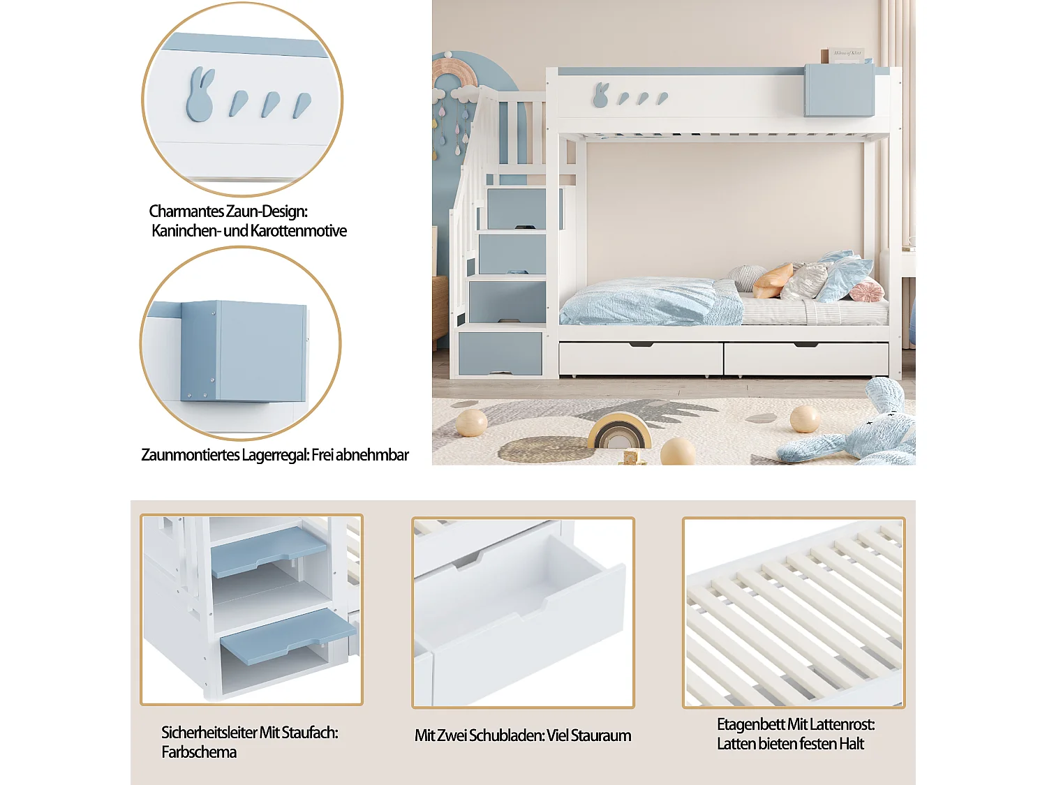Letto a castello per bambini - 2 x 90 x 200 cm - con scala contenitore + 2 cassetti - legno - bianco + blu