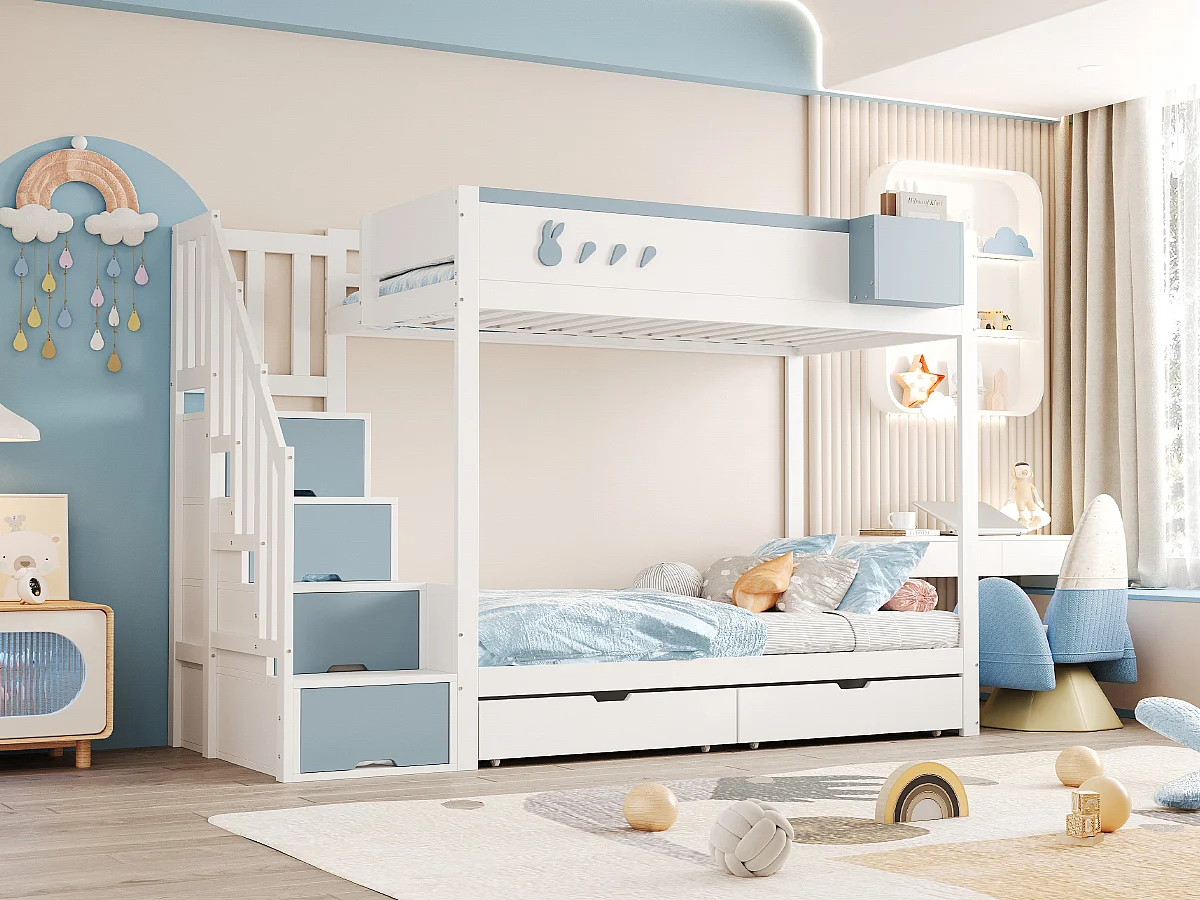 Letto a castello per bambini - 2 x 90 x 200 cm - con scala contenitore + 2 cassetti - legno - bianco + blu