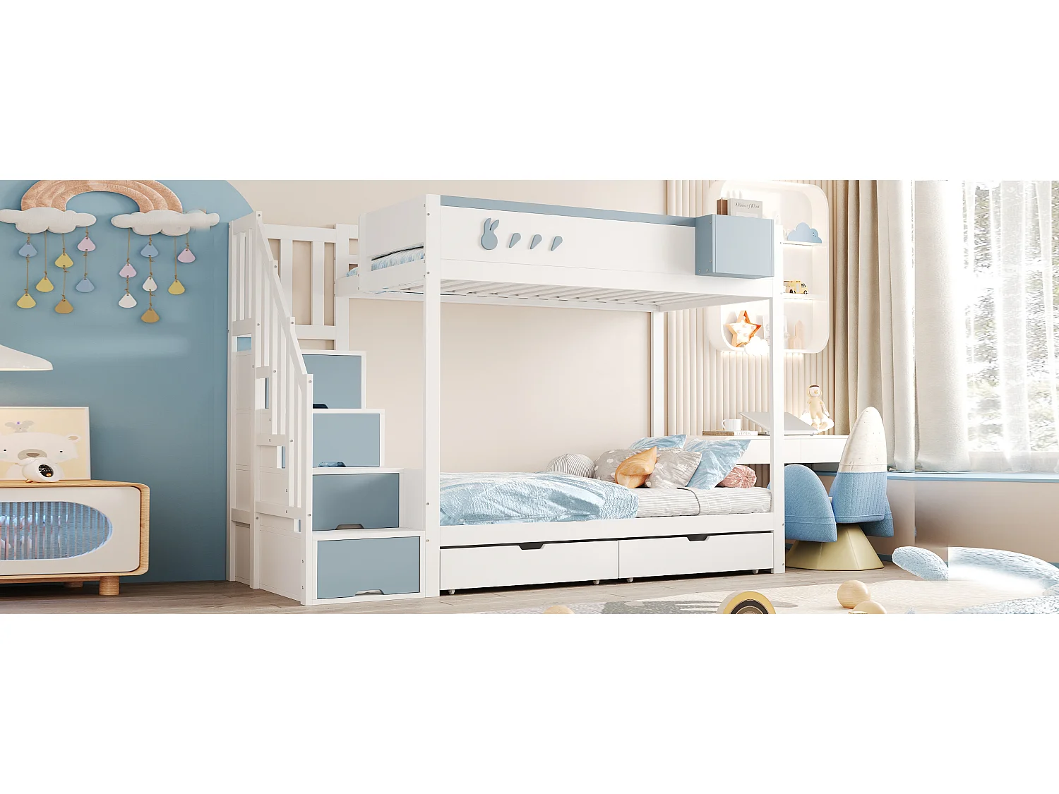 Letto a castello per bambini - 2 x 90 x 200 cm - con scala contenitore + 2 cassetti - legno - bianco + blu