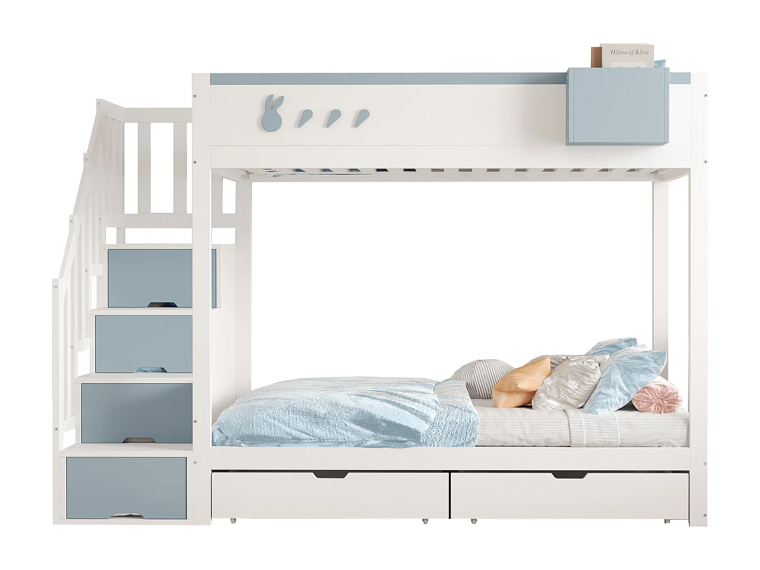 Letto a castello per bambini - 2 x 90 x 200 cm - con scala contenitore + 2 cassetti - legno - bianco + blu