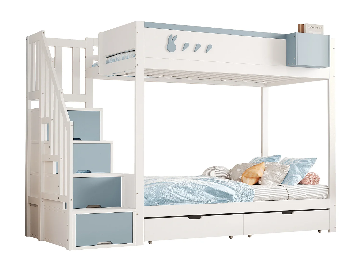 Letto a castello per bambini - 2 x 90 x 200 cm - con scala contenitore + 2 cassetti - legno - bianco + blu