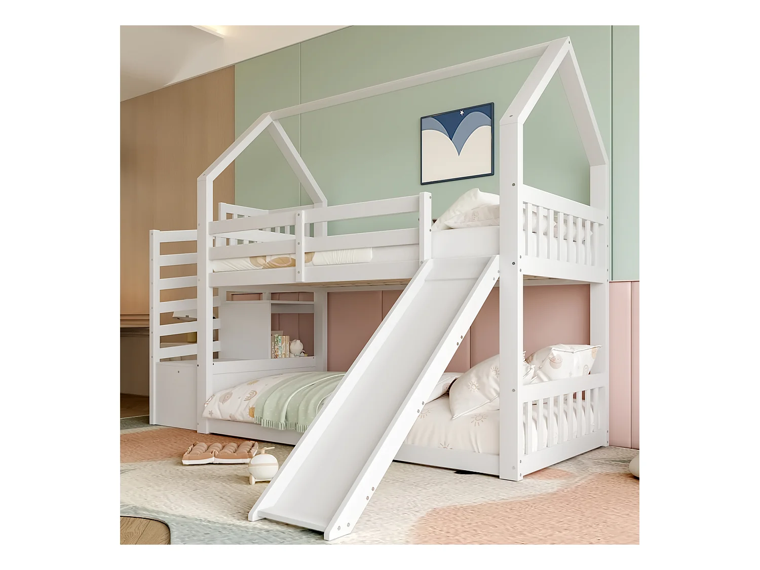 Lit superposés - 2 x 90 x 200 cm - avec escalier de rangement + toboggan - lit cabane - bois - blanc