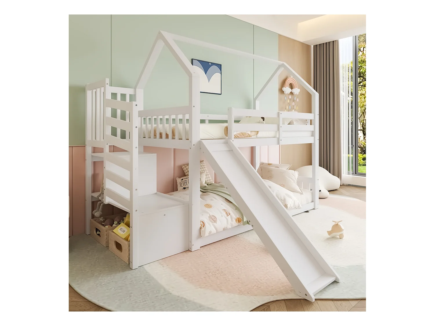 Lit superposés - 2 x 90 x 200 cm - avec escalier de rangement + toboggan - lit cabane - bois - blanc