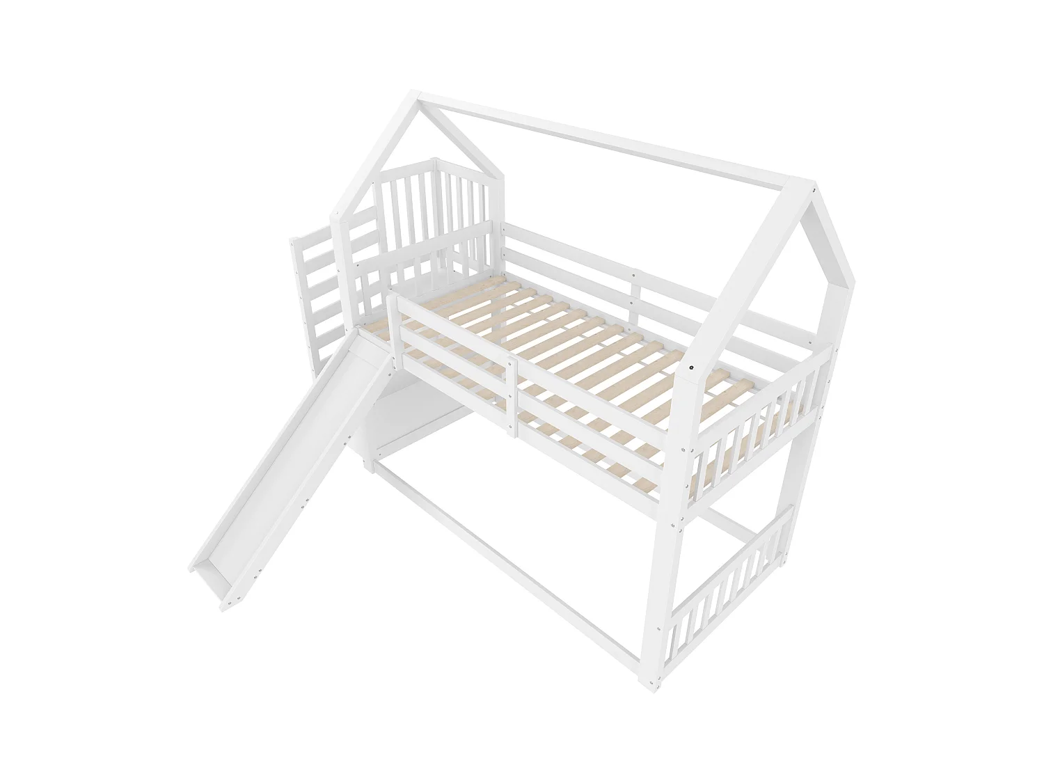 Lit superposés - 2 x 90 x 200 cm - avec escalier de rangement + toboggan - lit cabane - bois - blanc