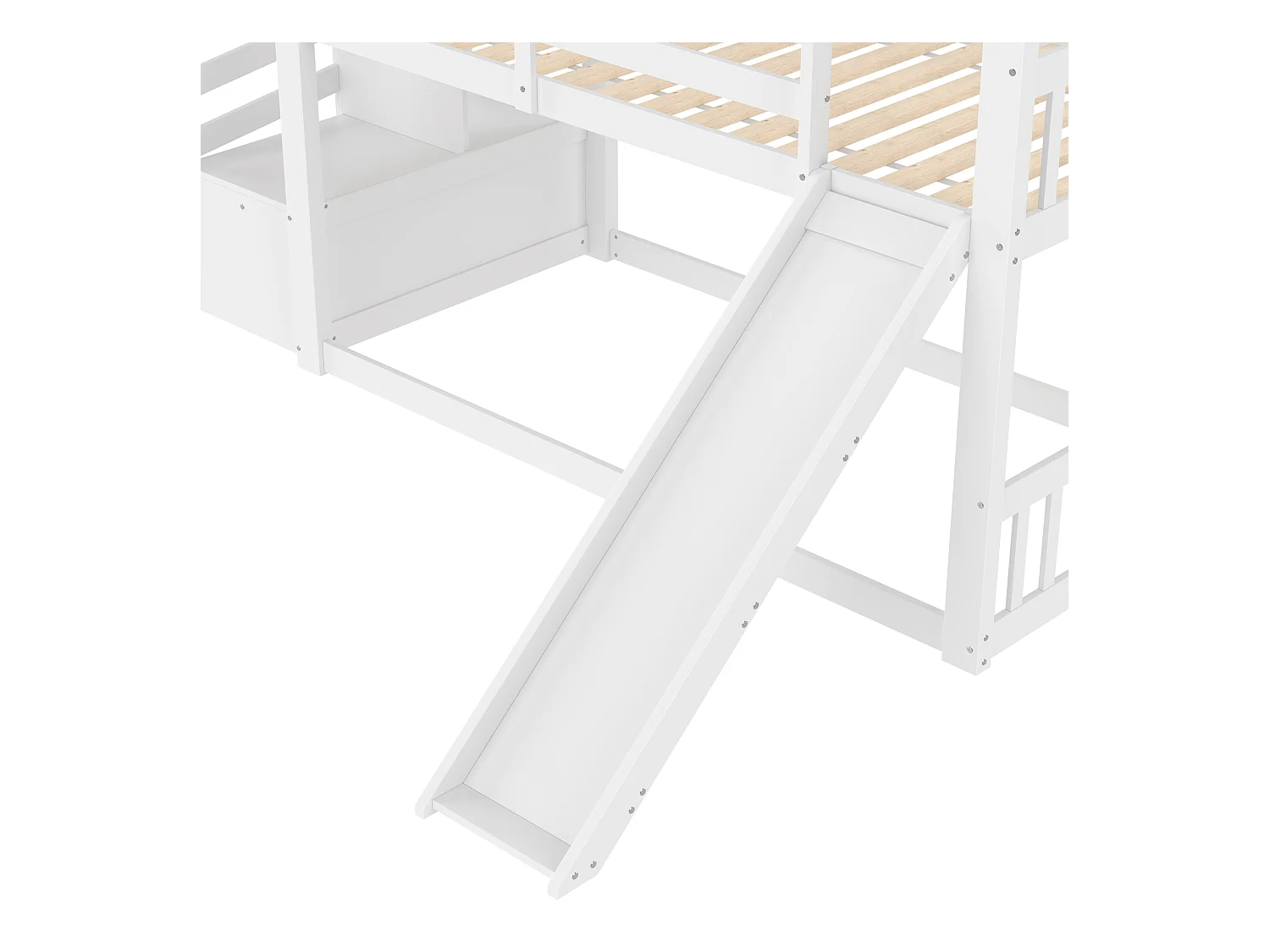 Lit superposés - 2 x 90 x 200 cm - avec escalier de rangement + toboggan - lit cabane - bois - blanc