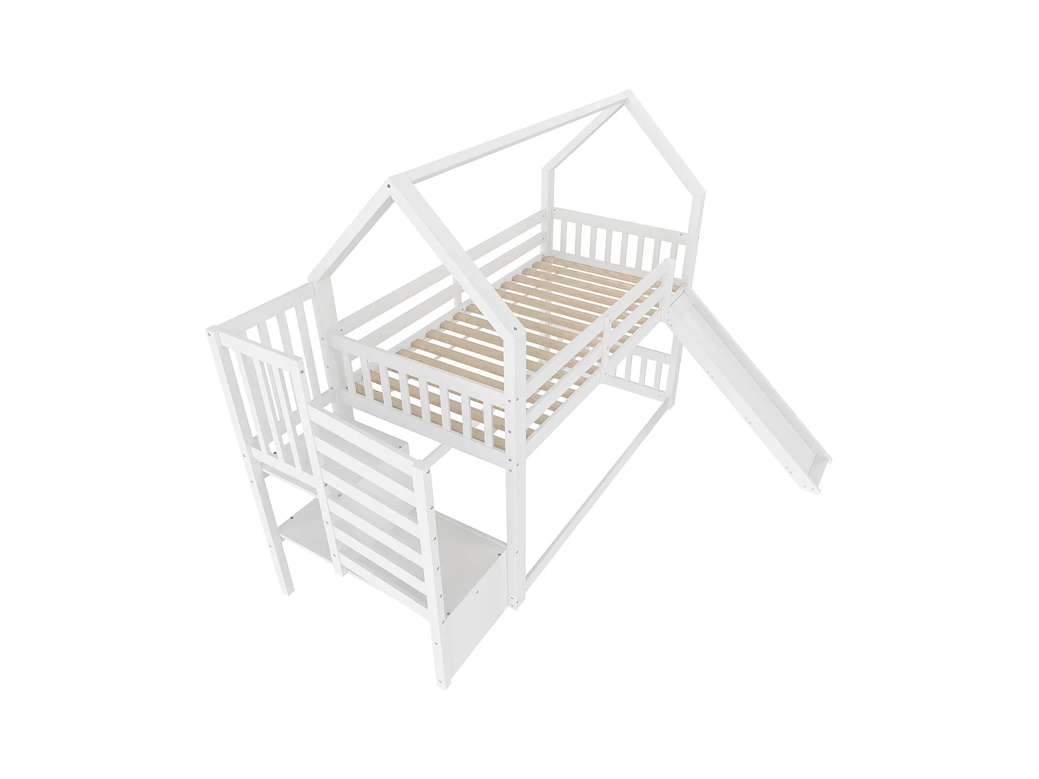 Lit superposés - 2 x 90 x 200 cm - avec escalier de rangement + toboggan - lit cabane - bois - blanc