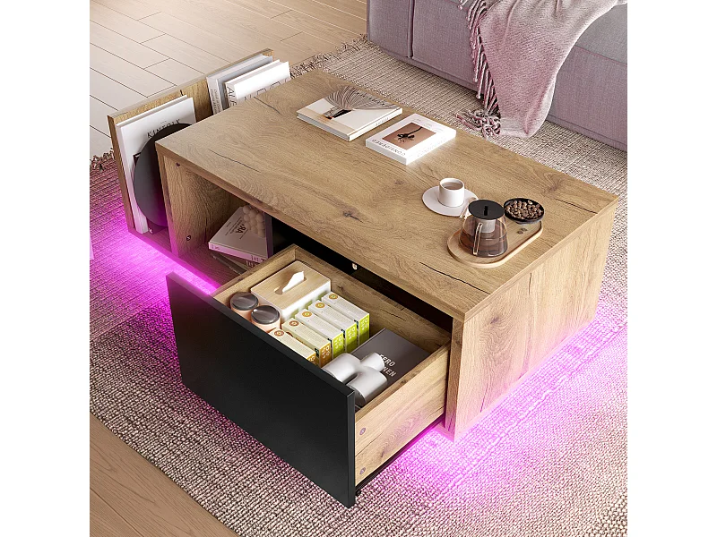 Table basse en bois - 99.5 x 53 x 38 cm - avec 1 tiroir + étagère + Leds - bois - naturel