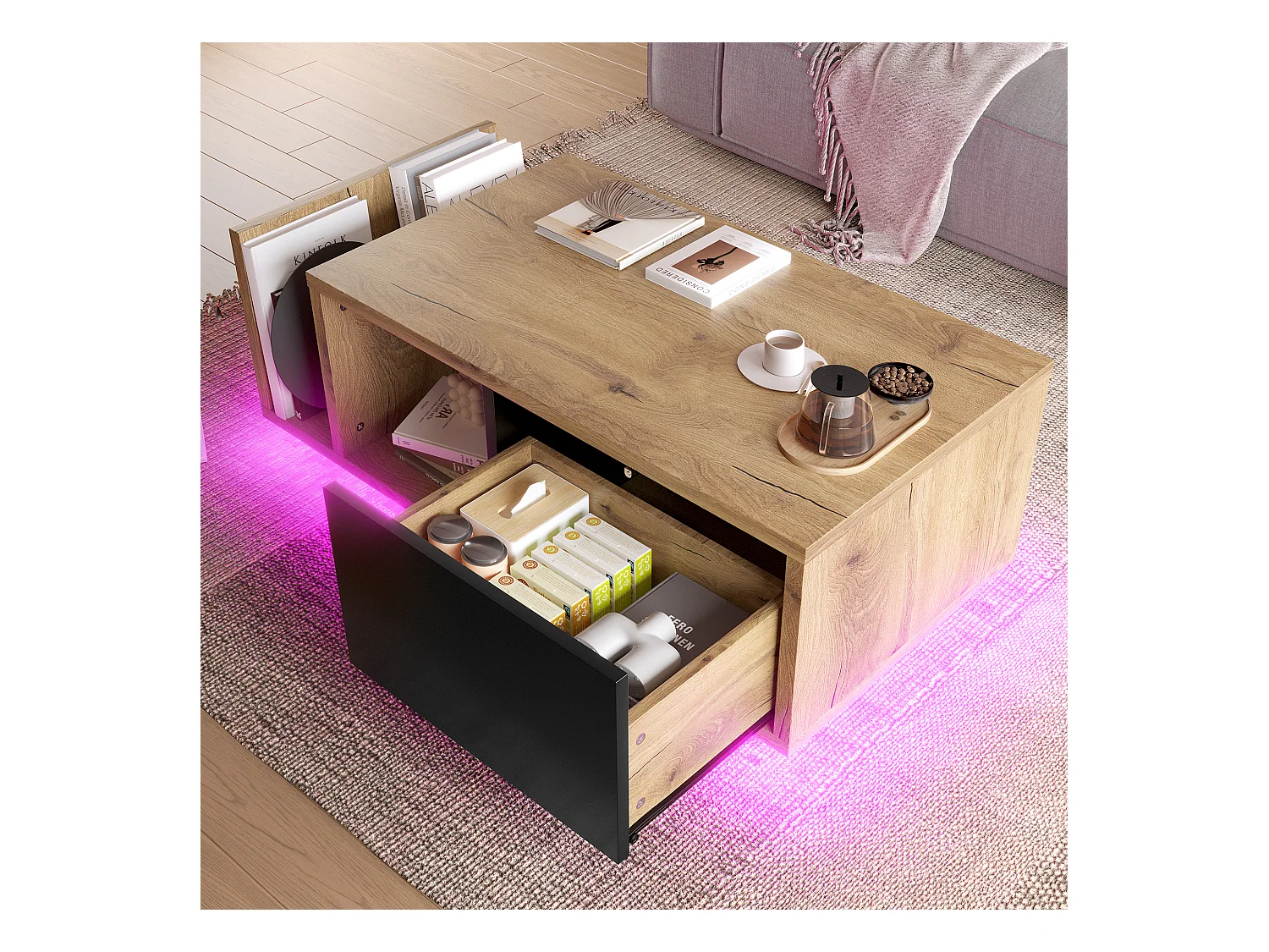 Table basse en bois - 99.5 x 53 x 38 cm - avec 1 tiroir + étagère + Leds - bois - naturel