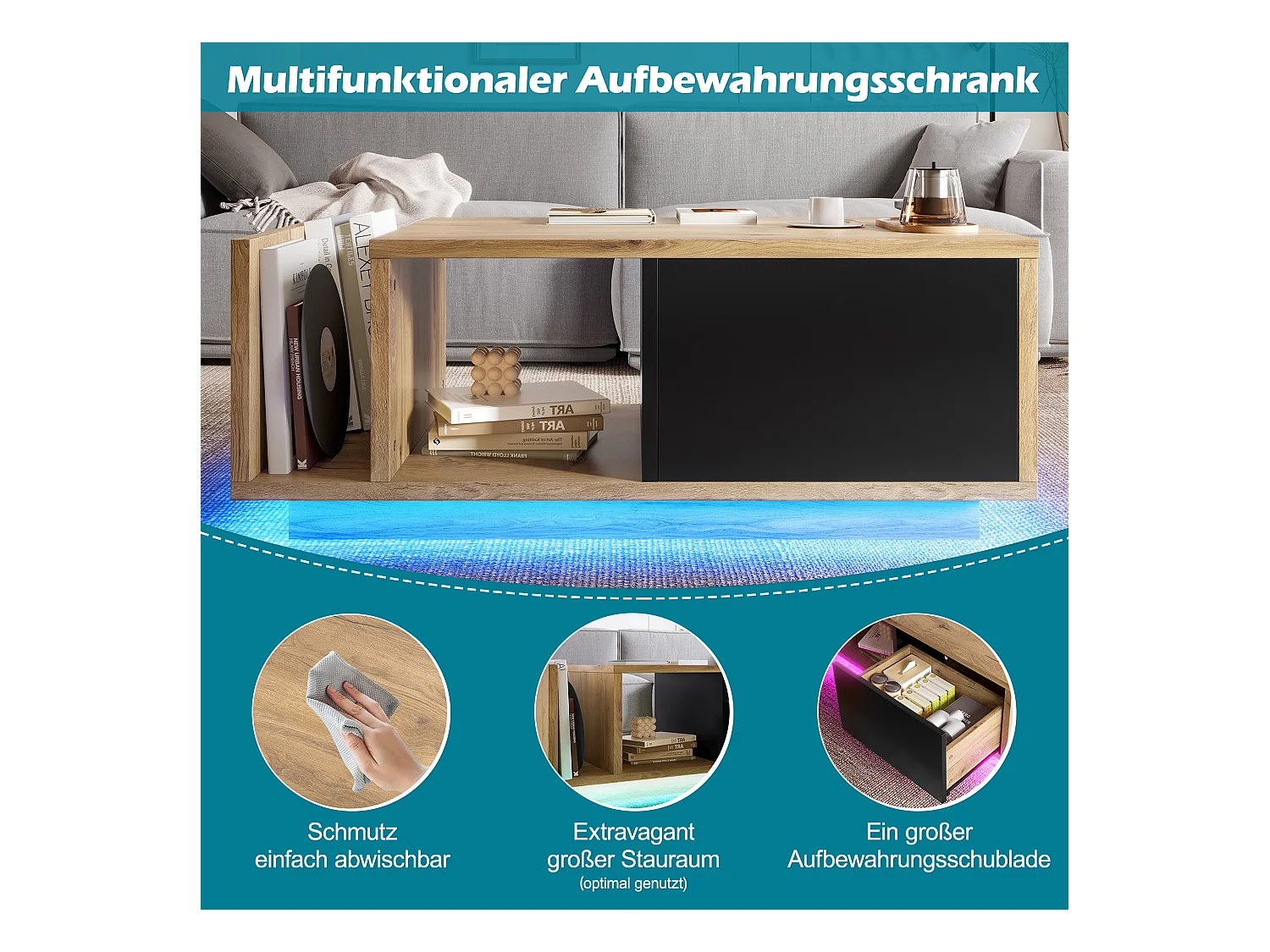 Table basse en bois - 99.5 x 53 x 38 cm - avec 1 tiroir + étagère + Leds - bois - naturel