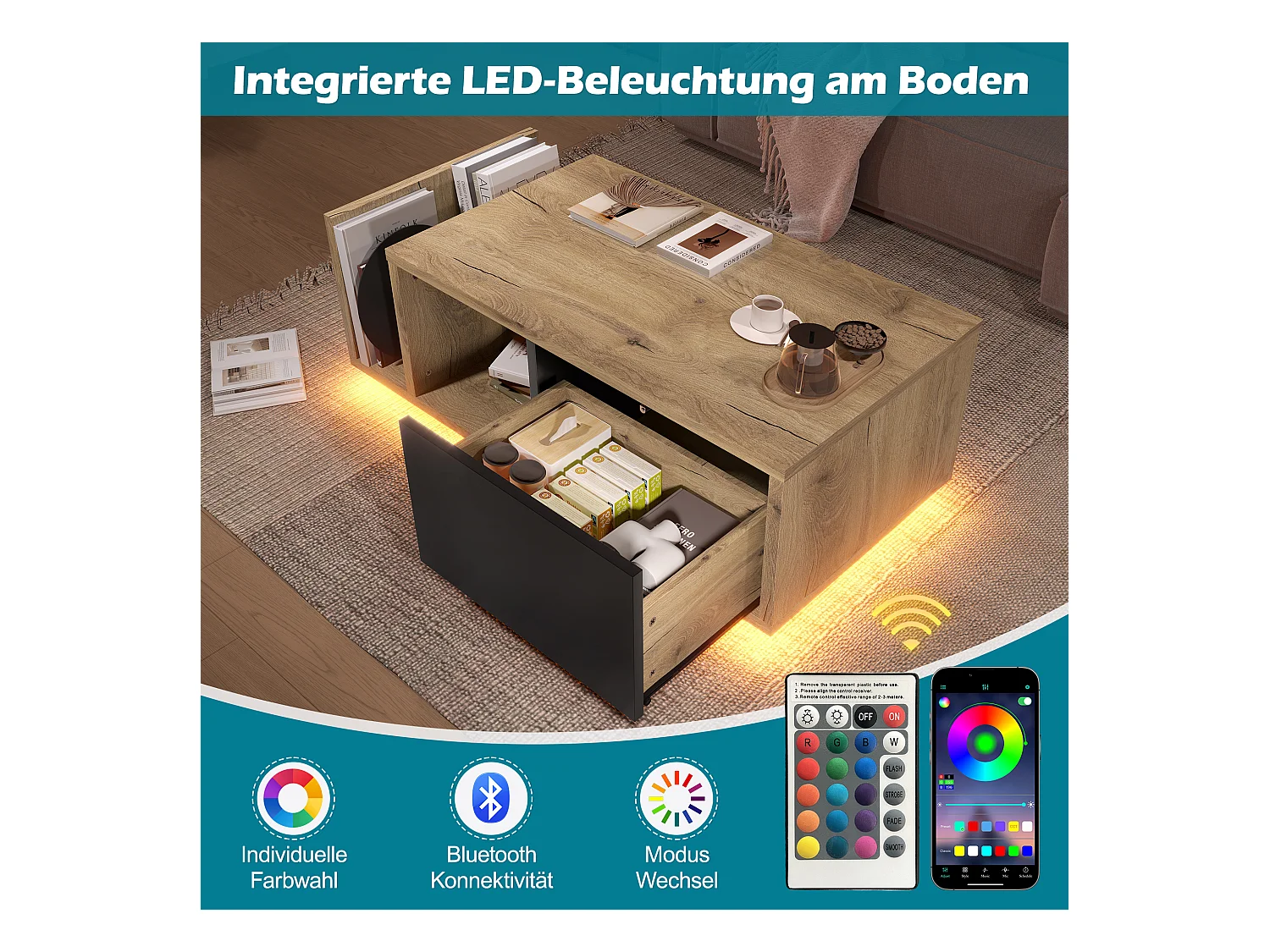 Table basse en bois - 99.5 x 53 x 38 cm - avec 1 tiroir + étagère + Leds - bois - naturel