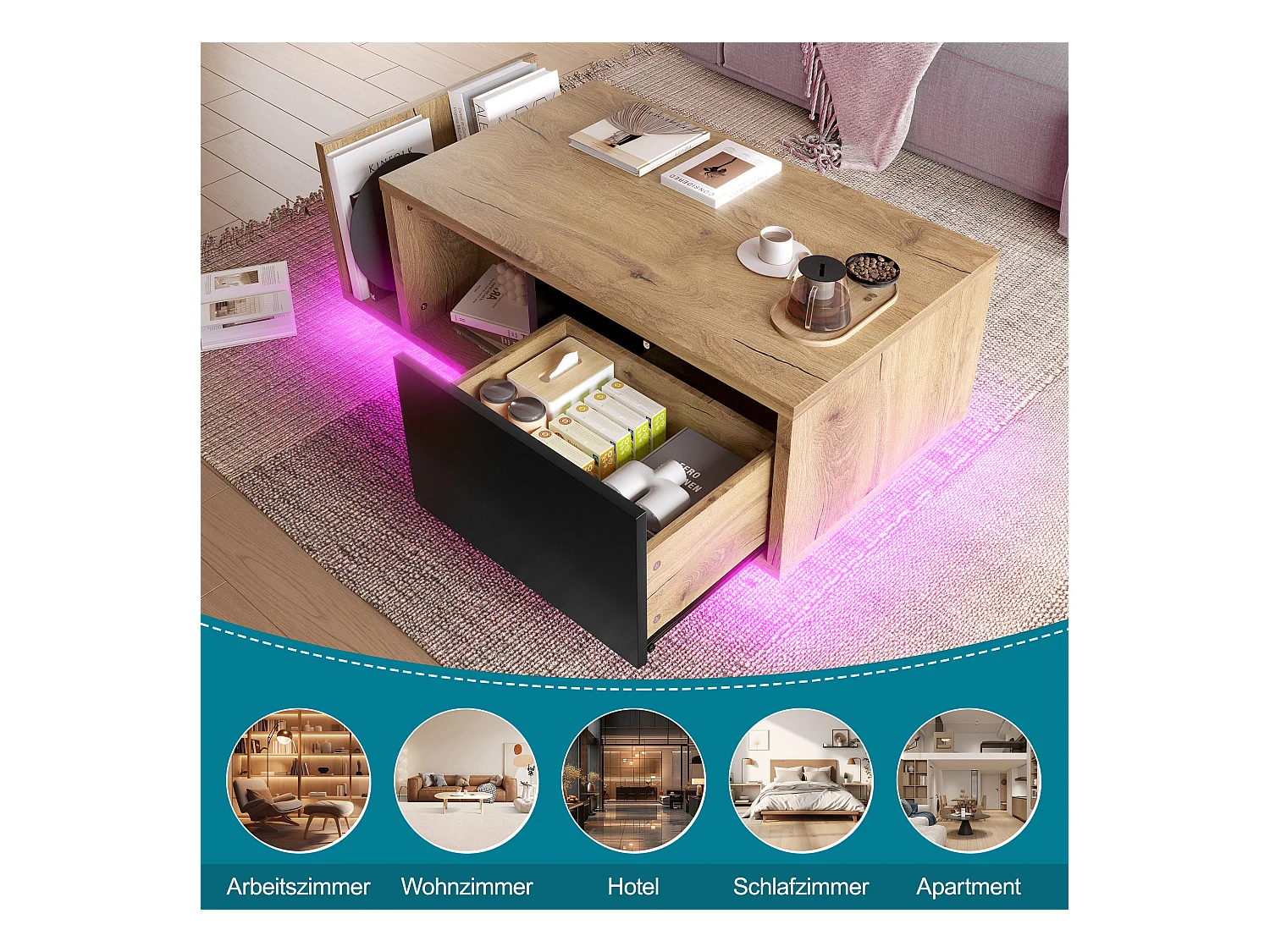 Table basse en bois - 99.5 x 53 x 38 cm - avec 1 tiroir + étagère + Leds - bois - naturel