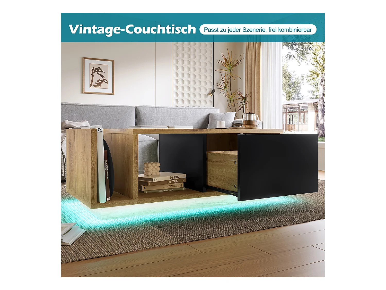 Table basse en bois - 99.5 x 53 x 38 cm - avec 1 tiroir + étagère + Leds - bois - naturel