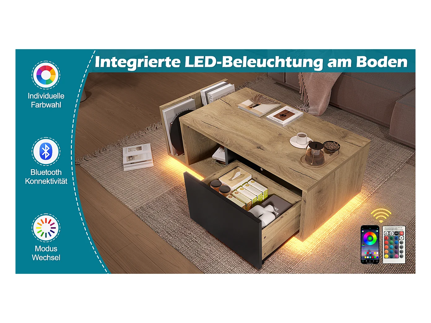 Table basse en bois - 99.5 x 53 x 38 cm - avec 1 tiroir + étagère + Leds - bois - naturel