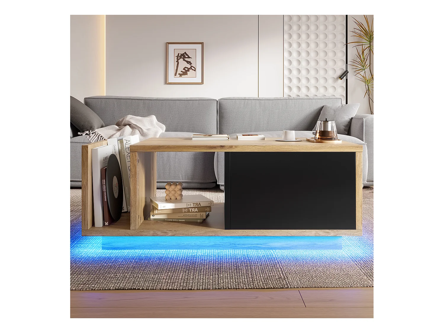 Table basse en bois - 99.5 x 53 x 38 cm - avec 1 tiroir + étagère + Leds - bois - naturel