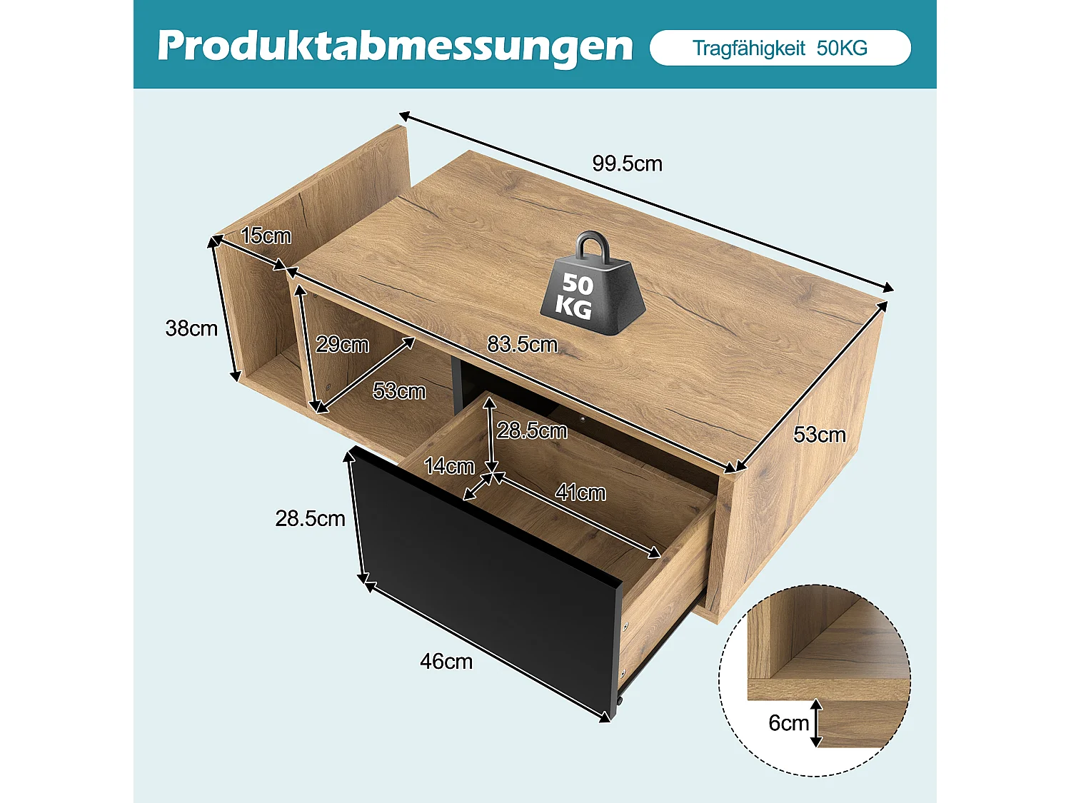 Table basse en bois - 99.5 x 53 x 38 cm - avec 1 tiroir + étagère + Leds - bois - naturel