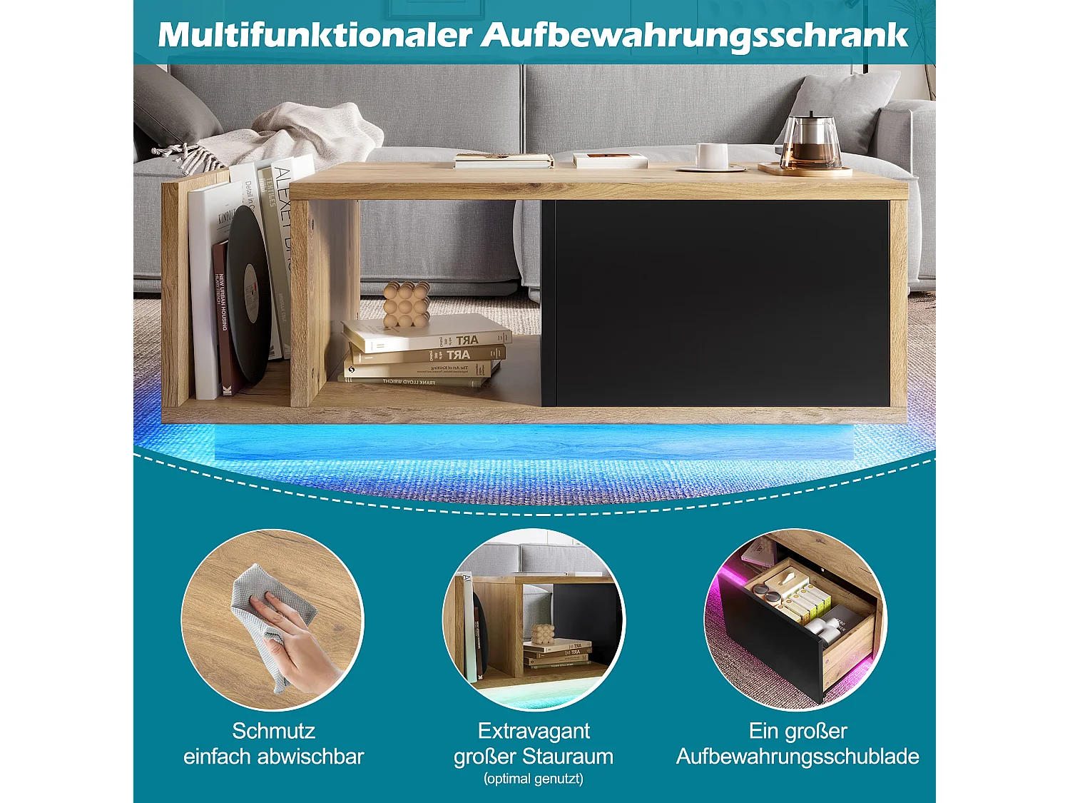 Table basse en bois - 99.5 x 53 x 38 cm - avec 1 tiroir + étagère + Leds - bois - naturel