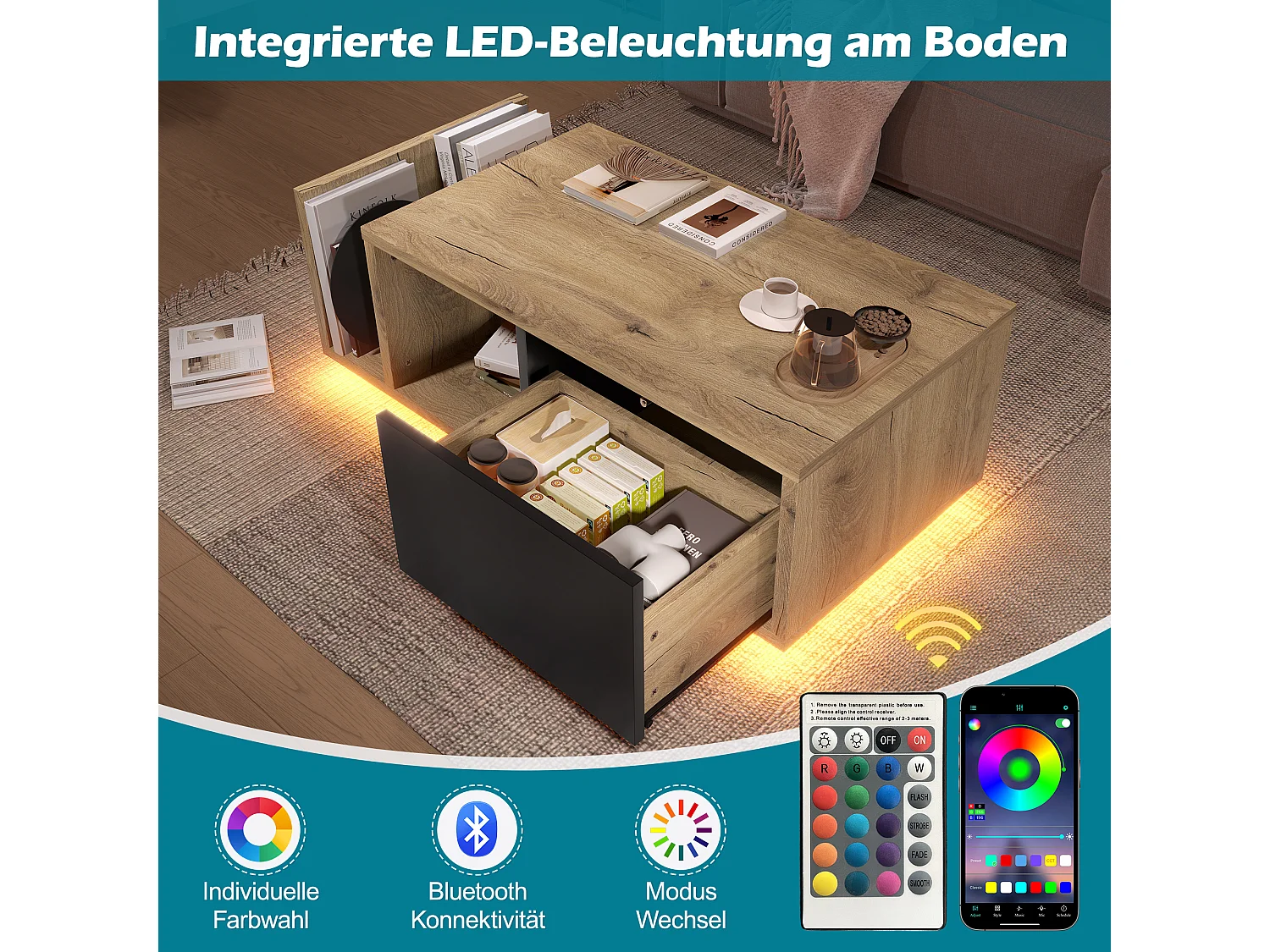 Table basse en bois - 99.5 x 53 x 38 cm - avec 1 tiroir + étagère + Leds - bois - naturel