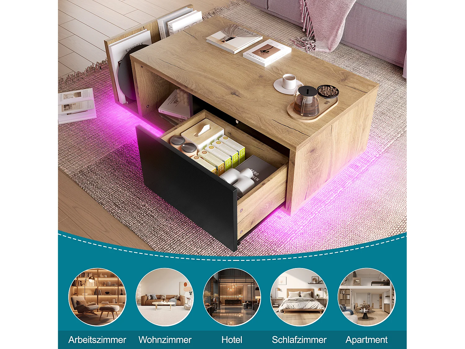 Table basse en bois - 99.5 x 53 x 38 cm - avec 1 tiroir + étagère + Leds - bois - naturel