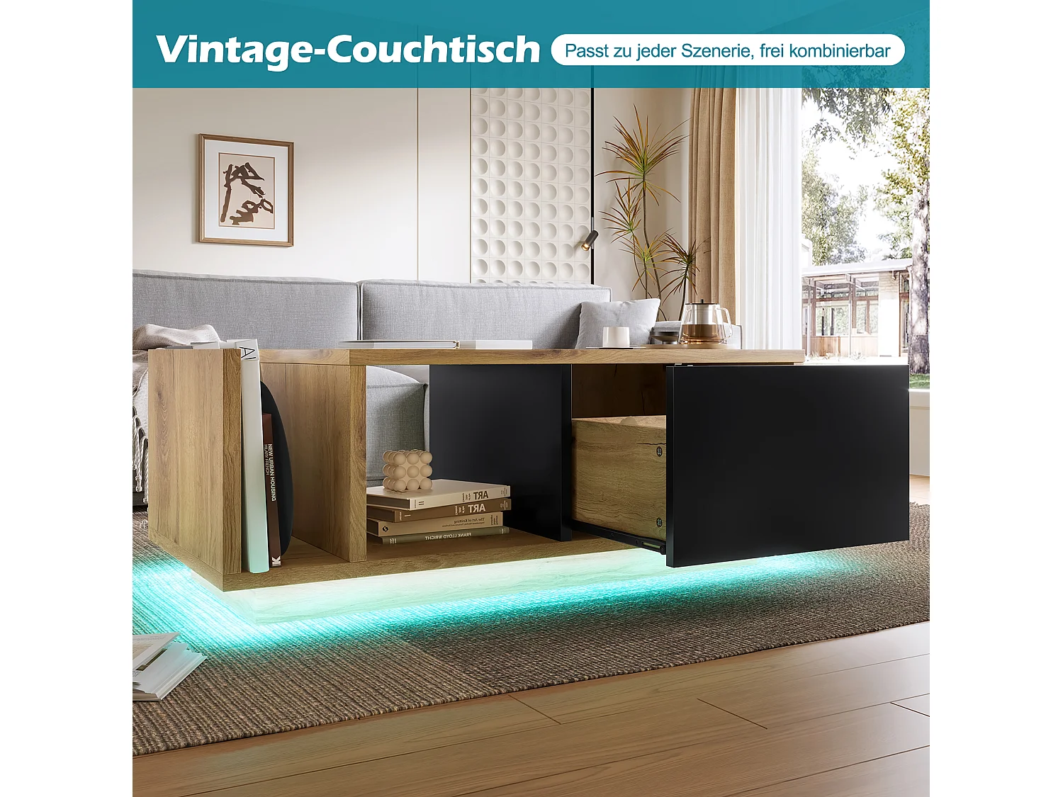 Table basse en bois - 99.5 x 53 x 38 cm - avec 1 tiroir + étagère + Leds - bois - naturel