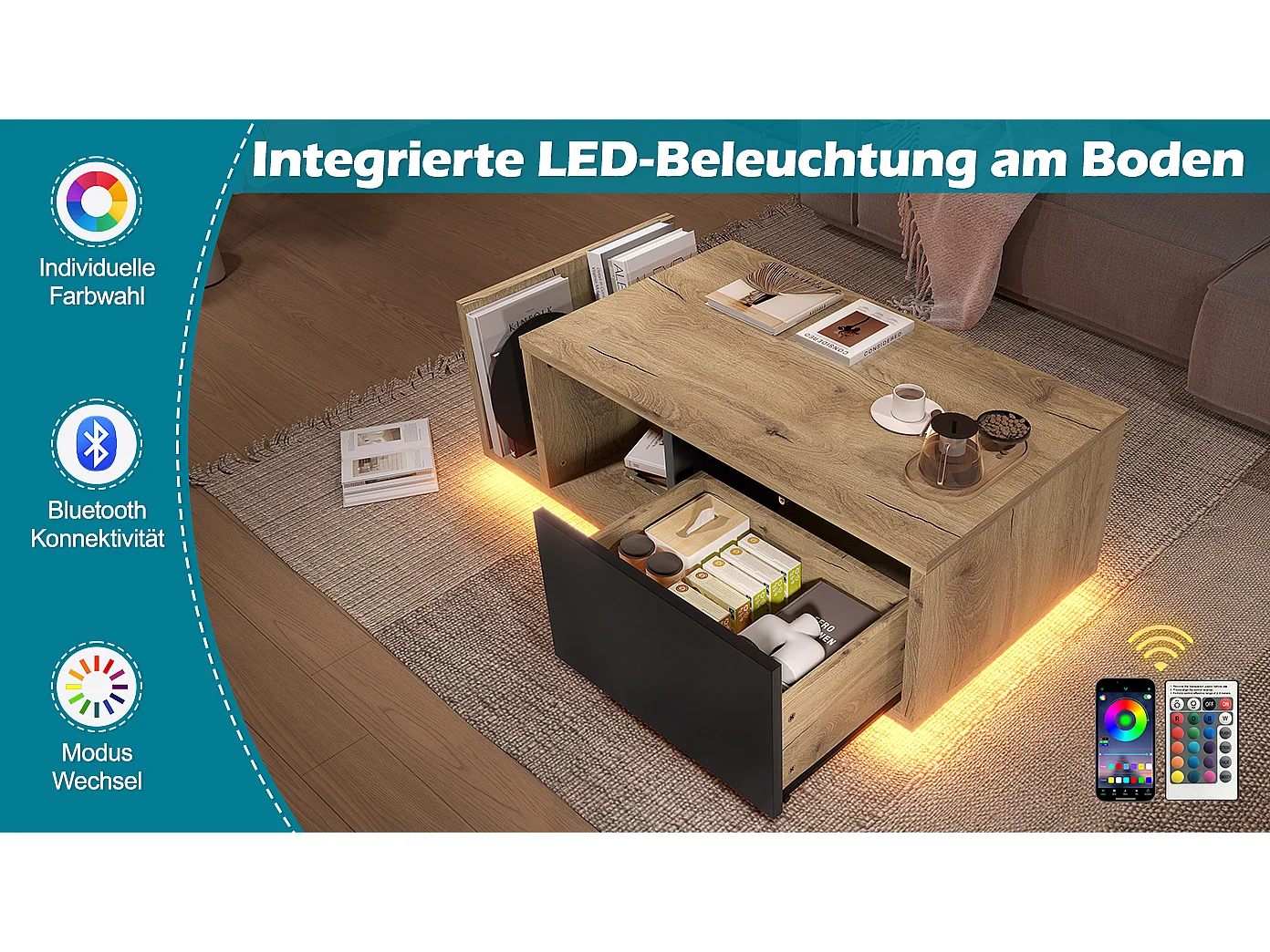 Table basse en bois - 99.5 x 53 x 38 cm - avec 1 tiroir + étagère + Leds - bois - naturel