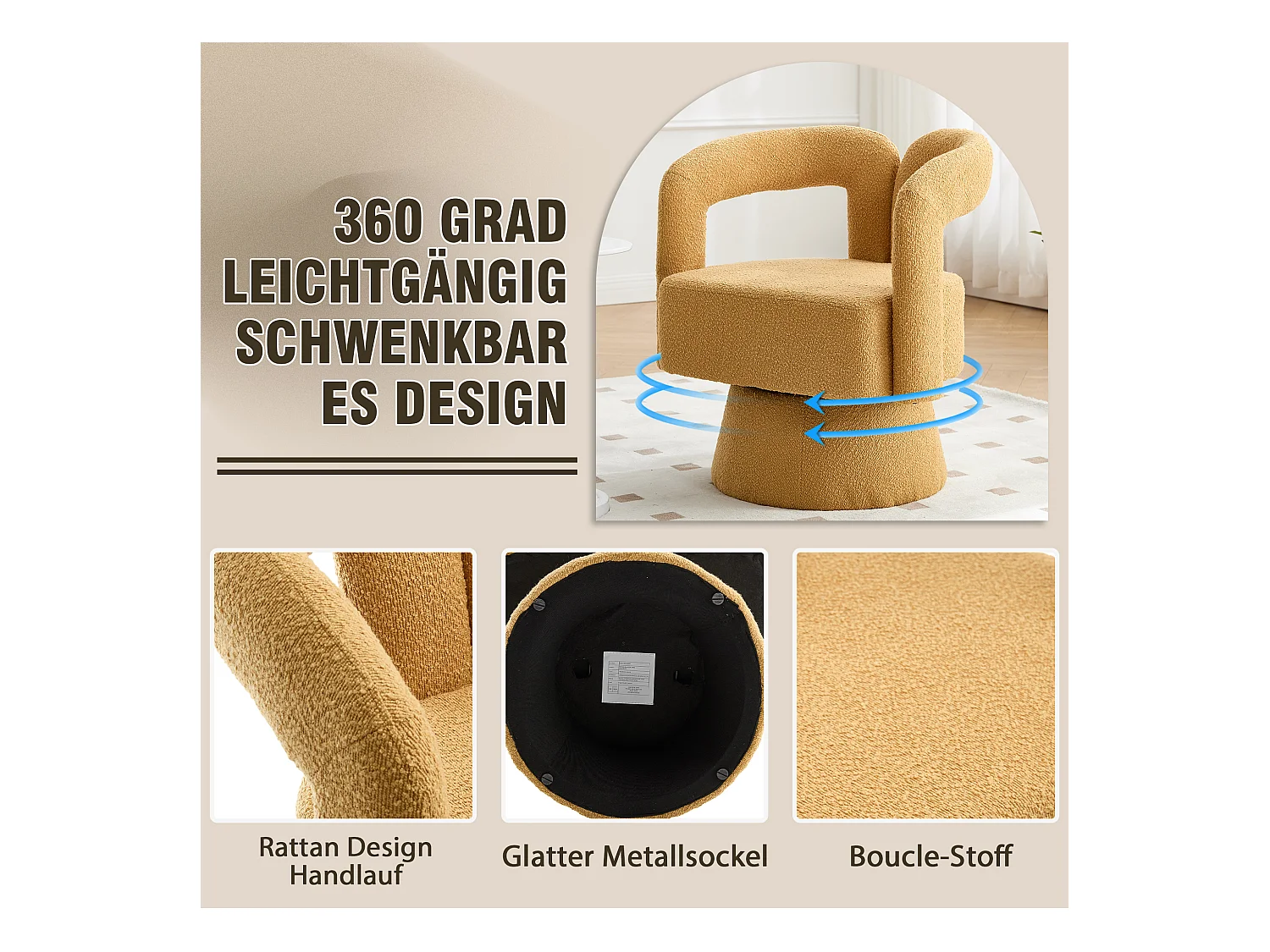 Fauteuils d'appoint pivotants à 360 degrés - 67 x 55 x 74 cm - avec coussins larges - Boucle - Jaune