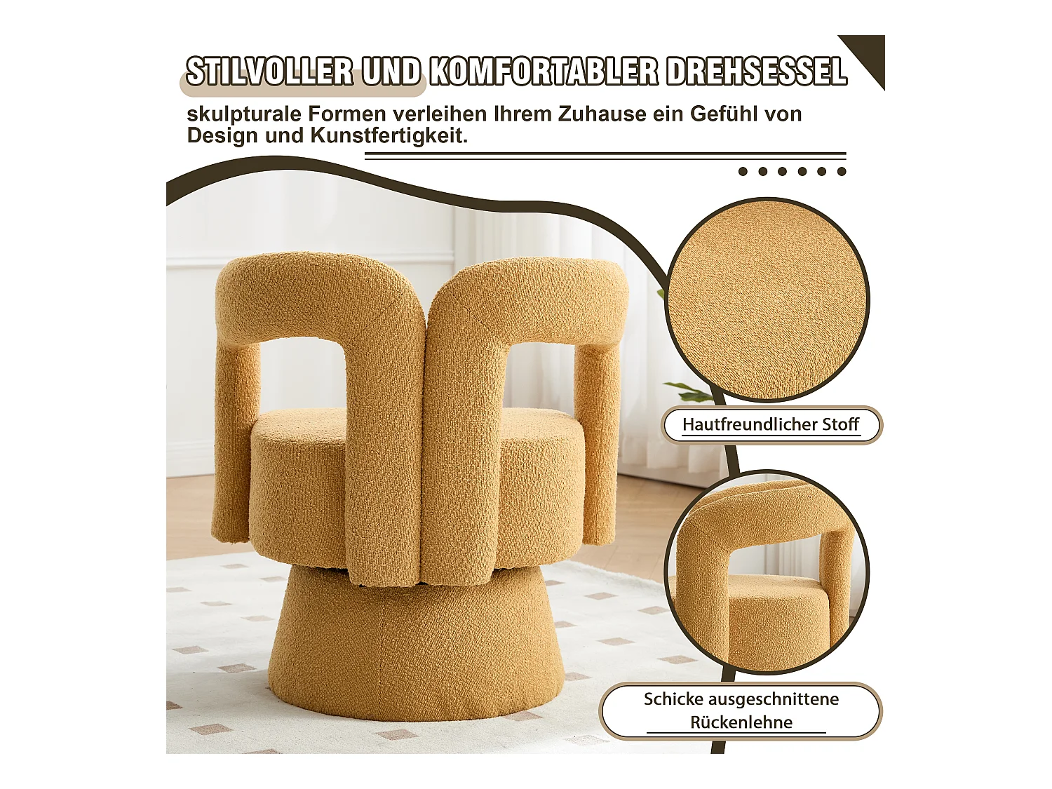 Fauteuils d'appoint pivotants à 360 degrés - 67 x 55 x 74 cm - avec coussins larges - Boucle - Jaune