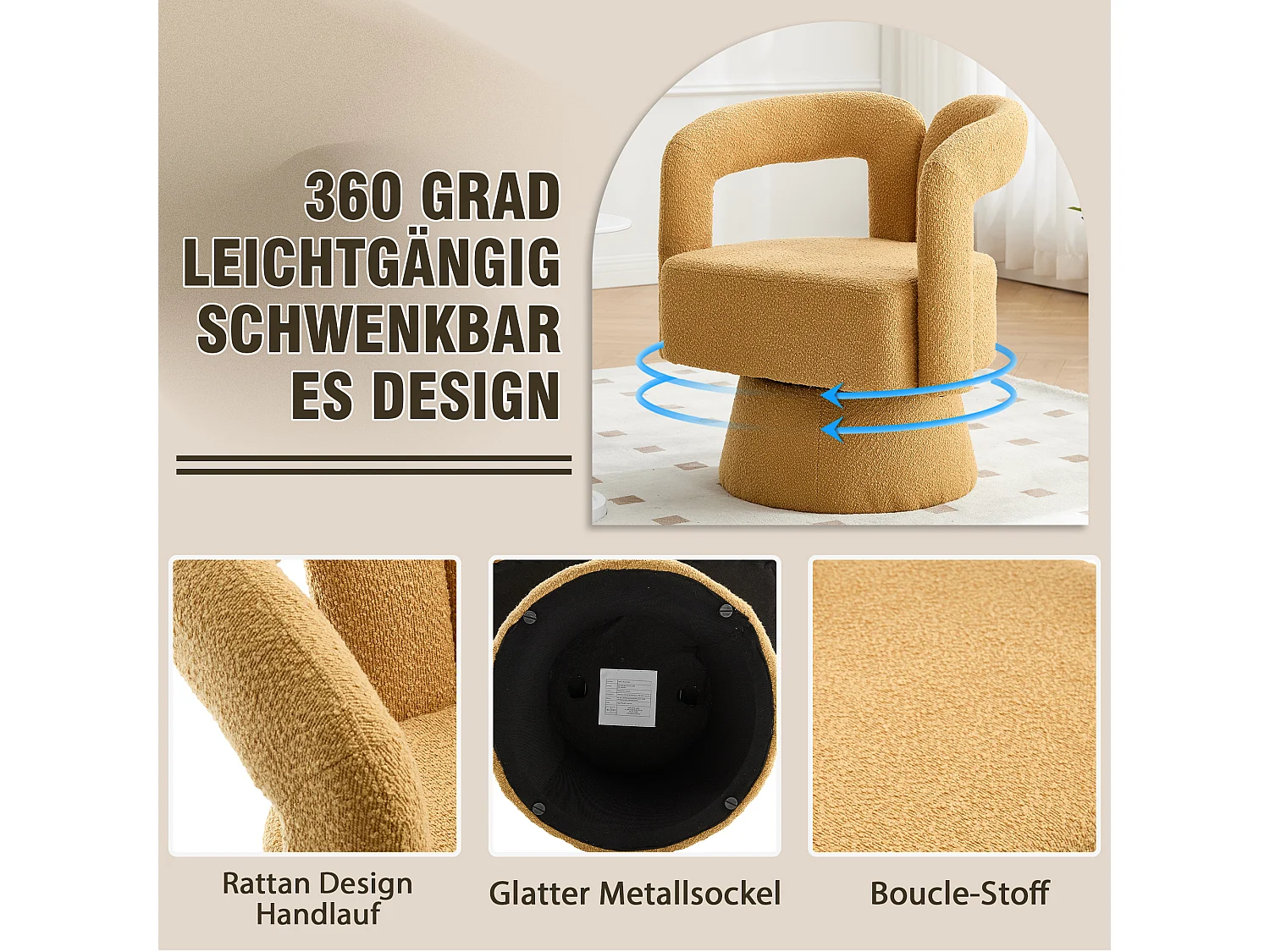 Fauteuils d'appoint pivotants à 360 degrés - 67 x 55 x 74 cm - avec coussins larges - Boucle - Jaune