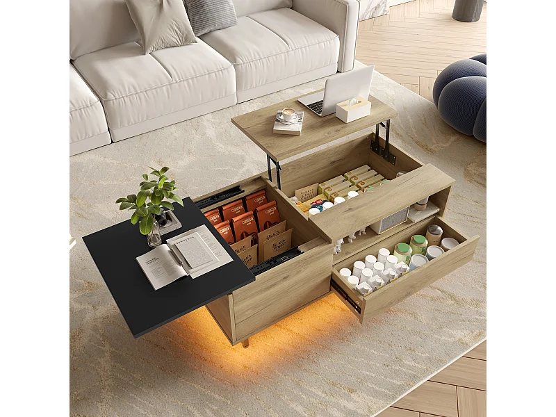 Table basse relevable avec Leds - 103.5 x 50 x 27.5 cm  - avec 1 tiroir + compartiments - bois - naturel